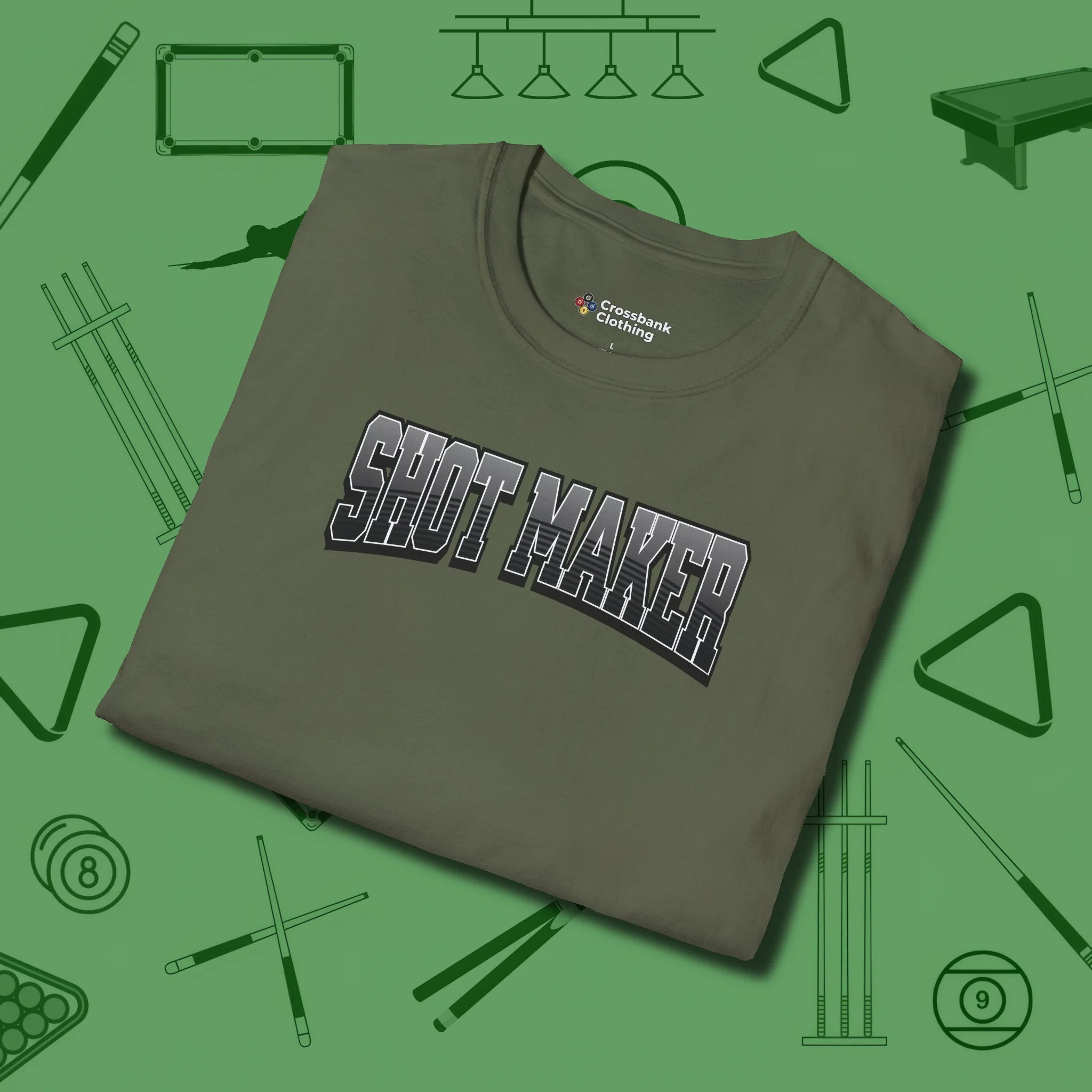 Shot Maker Billiards T-Shirt, folded view, in Military Green precise, confident, always in control