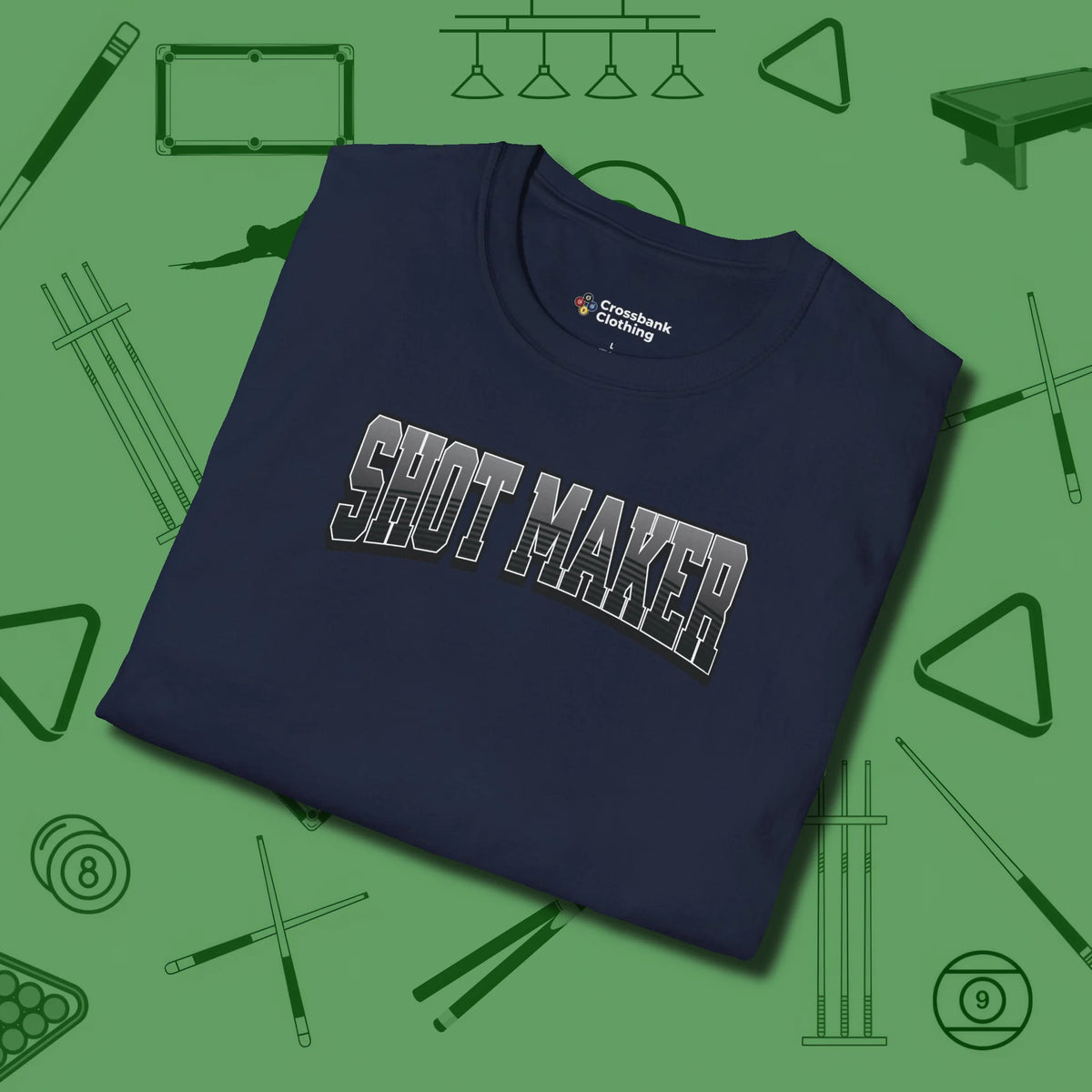 Shot Maker Billiards T-Shirt, folded view, in Navy designed for dead stroke and deadpan looks