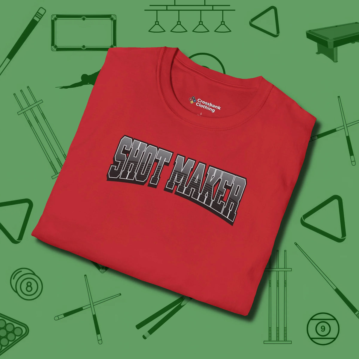 Shot Maker Billiards T-Shirt, folded view, in Red because the table is your battlefield