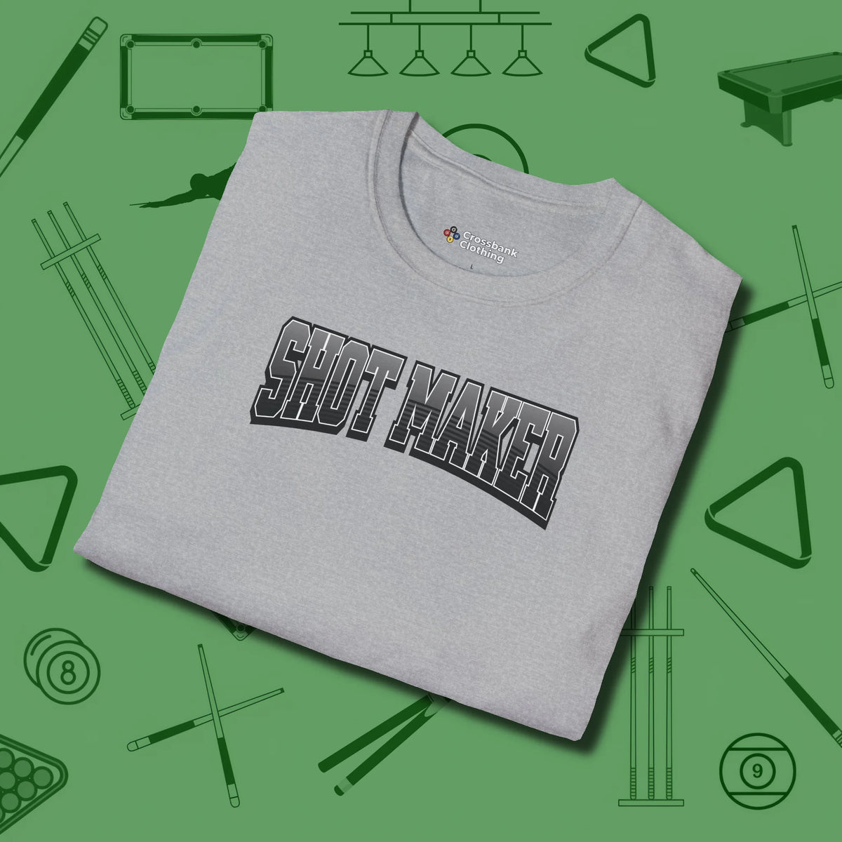 Shot Maker Billiards T-Shirt, folded view, in Sport Grey make every shot — and outfit — count