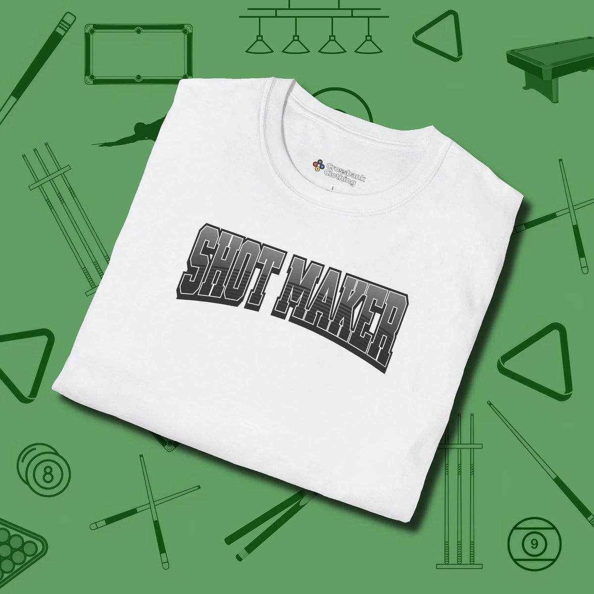 Shot Maker Billiards T-Shirt, folded view, in White earns respect before the first shot