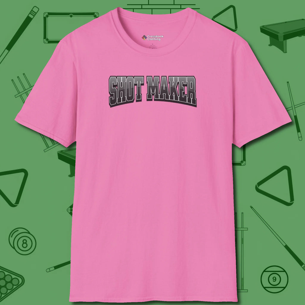 Shot Maker Billiards T-Shirt, front view, in Azalea because pool isn’t just a game — it’s who you are