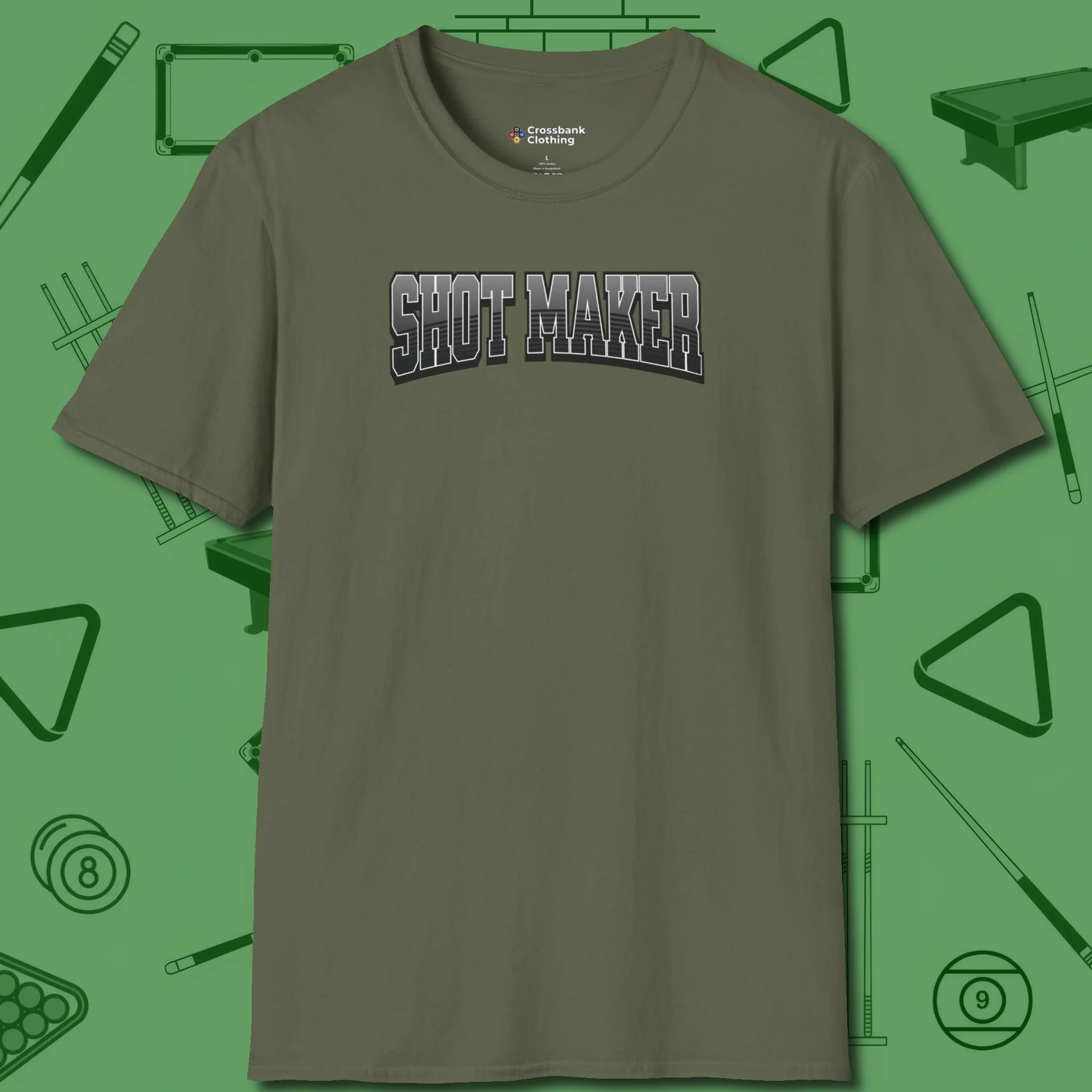 Shot Maker Billiards T-Shirt, front view, in Military Green for players who live the game