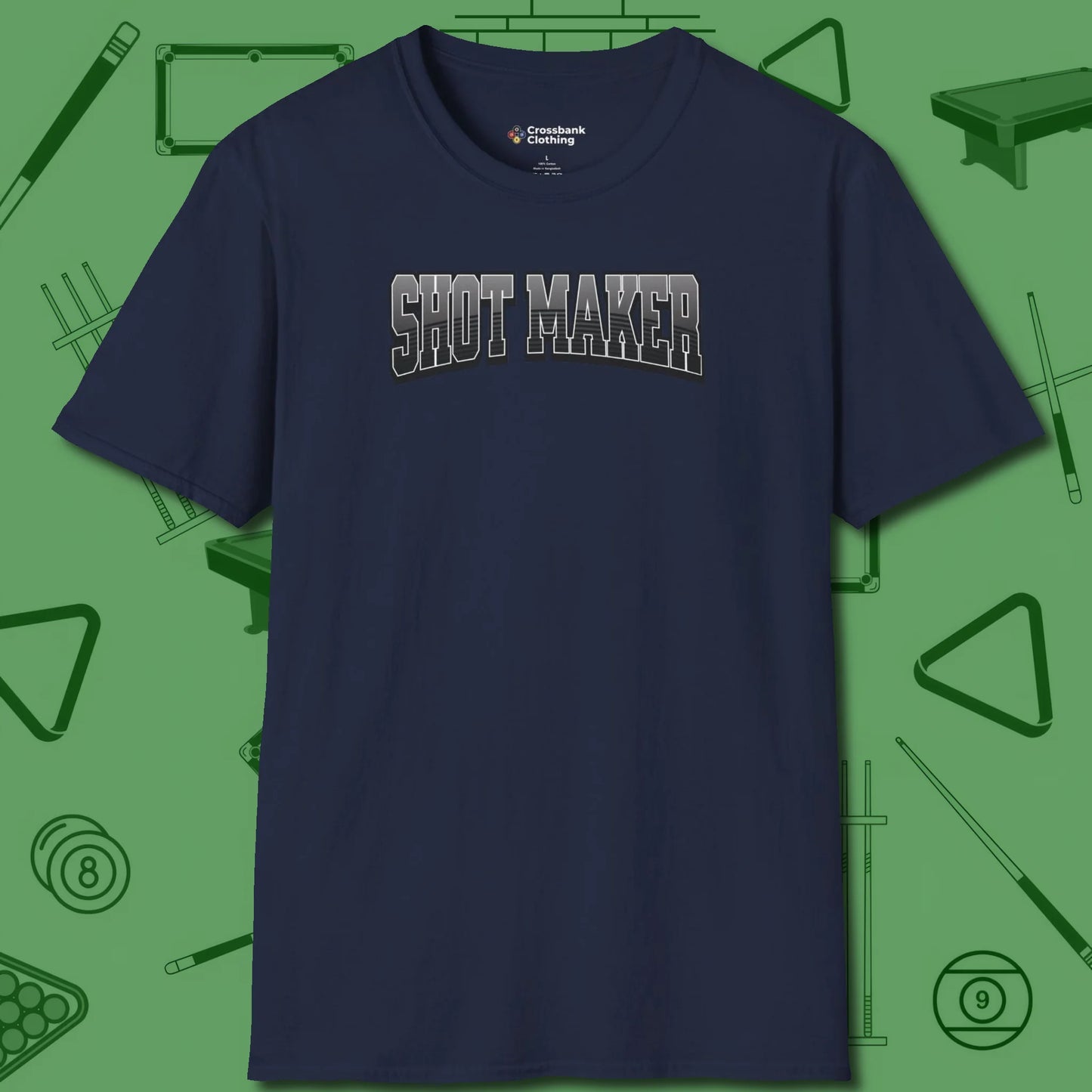 Shot Maker Billiards T-Shirt, front view, in Navy classic cue style, no gimmicks