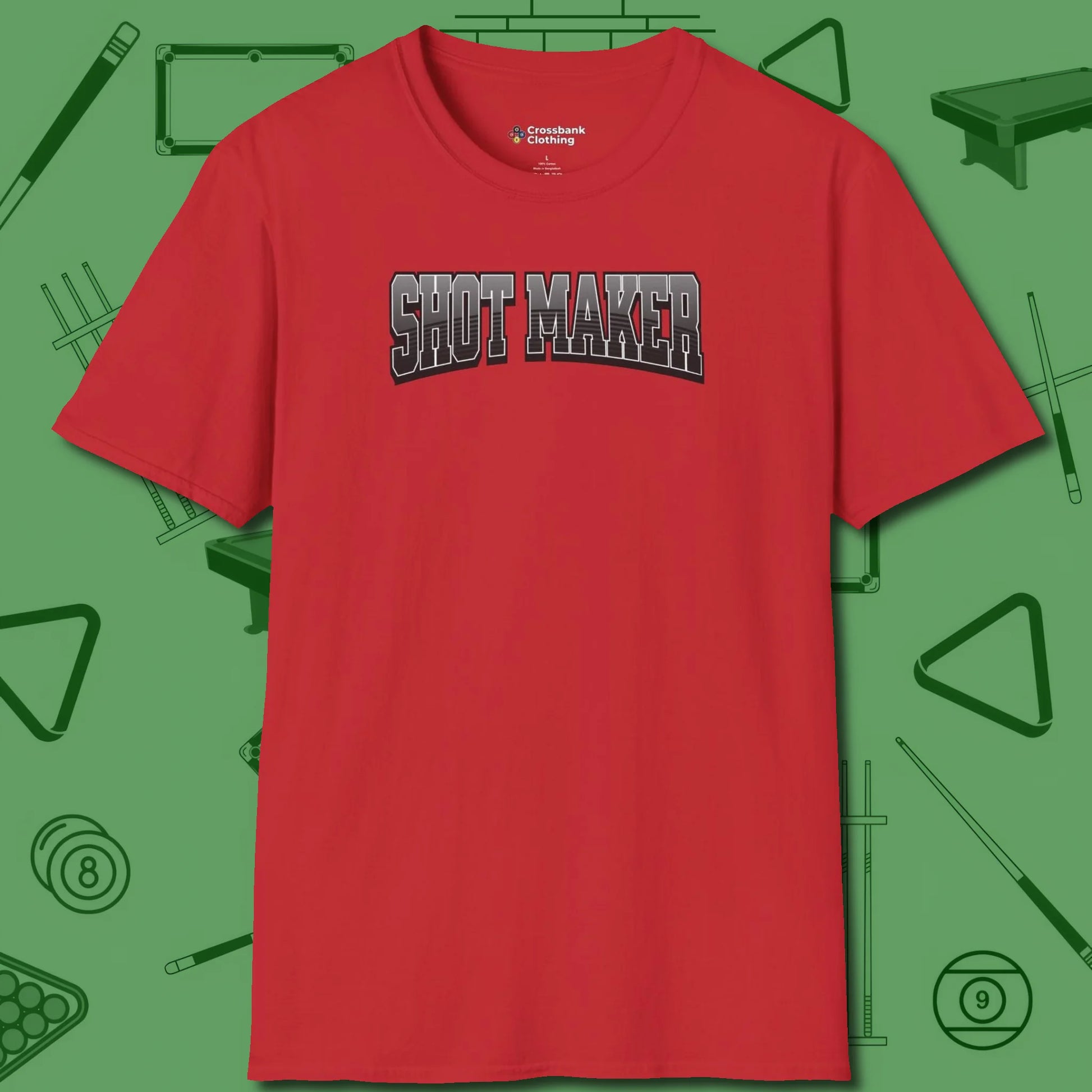 Shot Maker Billiards T-Shirt, front view, in Red styled to dominate from rack to run-out