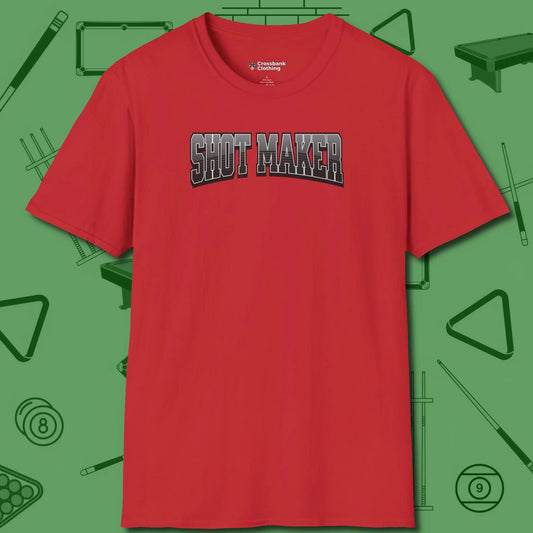 Shot Maker Billiards T-Shirt, front view, in Red styled to dominate from rack to run-out
