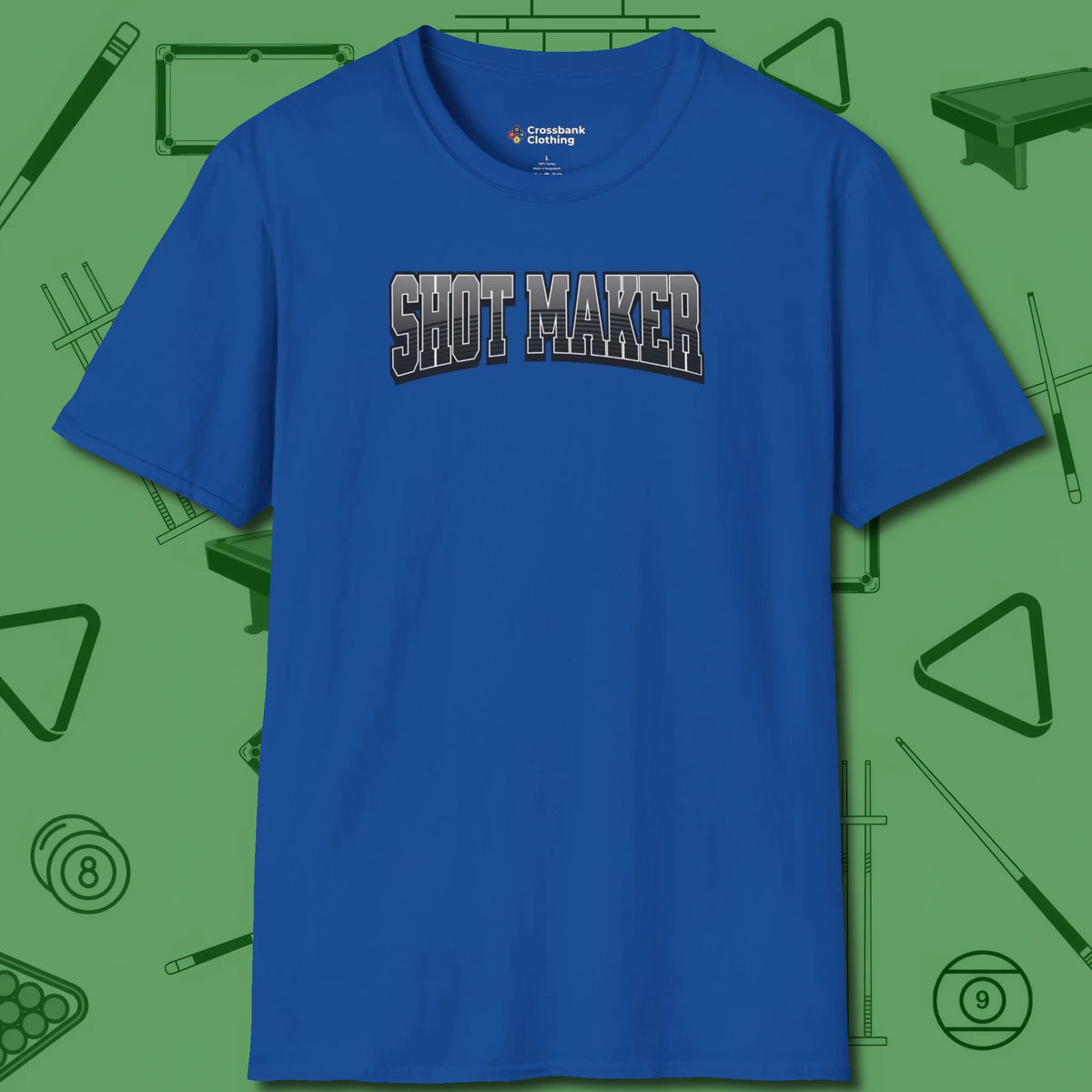 Shot Maker Billiards T-Shirt, front view, in Royal an extension of your pool persona