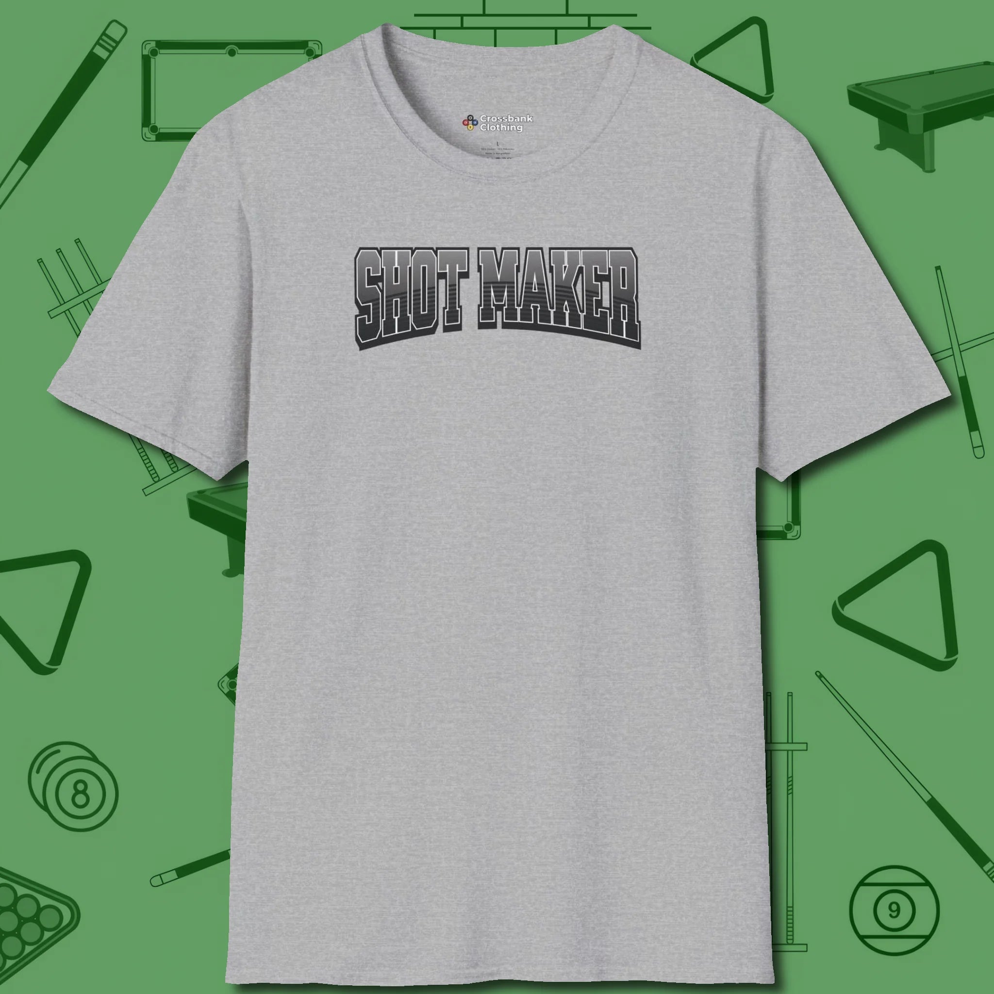 Shot Maker Billiards T-Shirt, front view, in Sport Grey what champions wear between racks