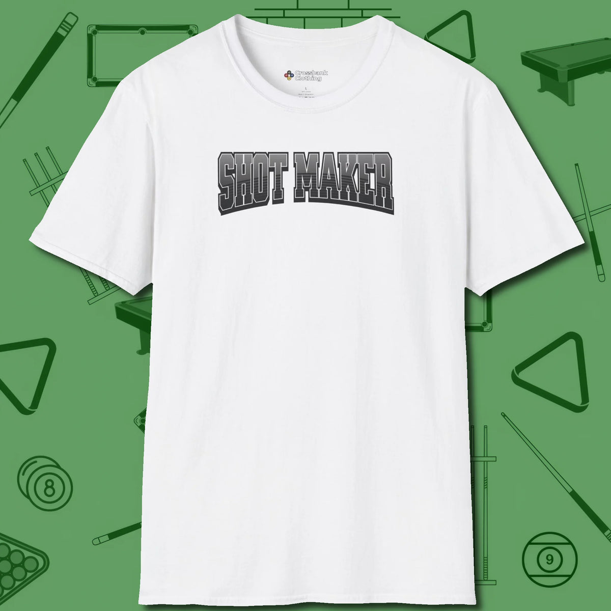 Shot Maker Billiards T-Shirt, front view, in White make every shot — and outfit — count