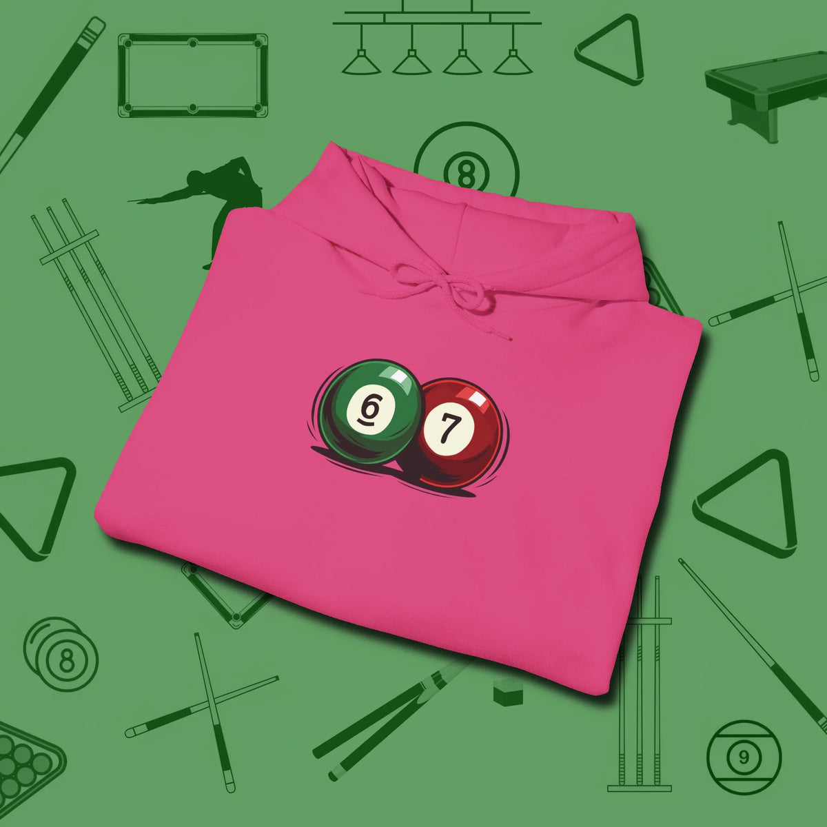 Six Seven Hoodie, folded view, in Heliconia put your best game on display