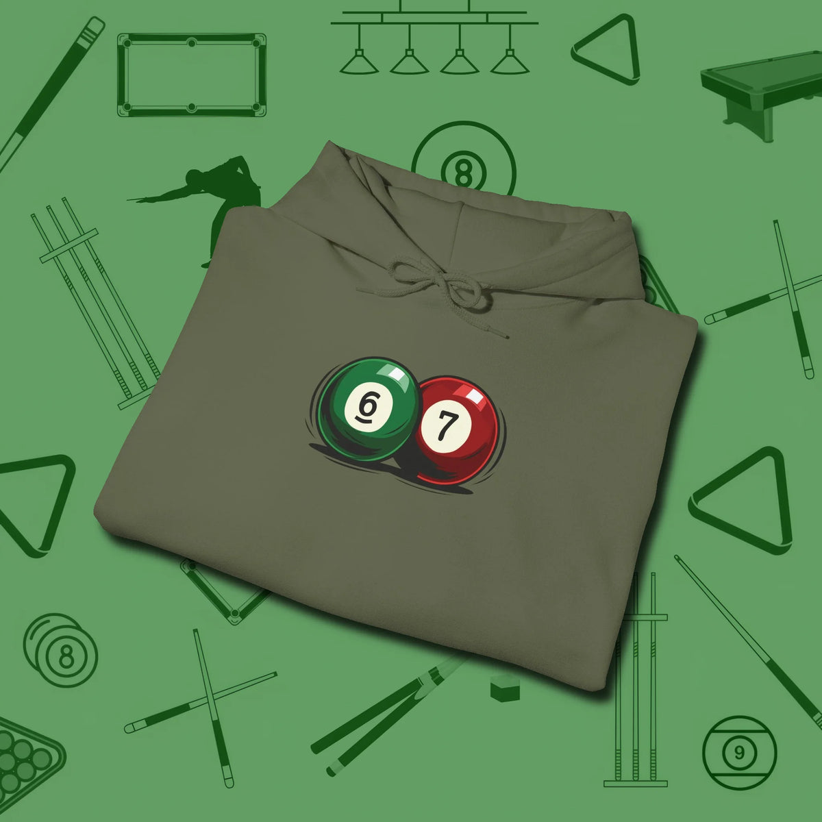 Six Seven Hoodie, folded view, in Military Green a clean fit for the dirtiest safeties