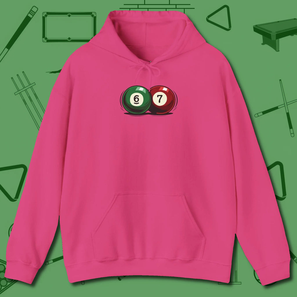 Six Seven Hoodie, front view, in Heliconia designed for dead stroke and deadpan looks