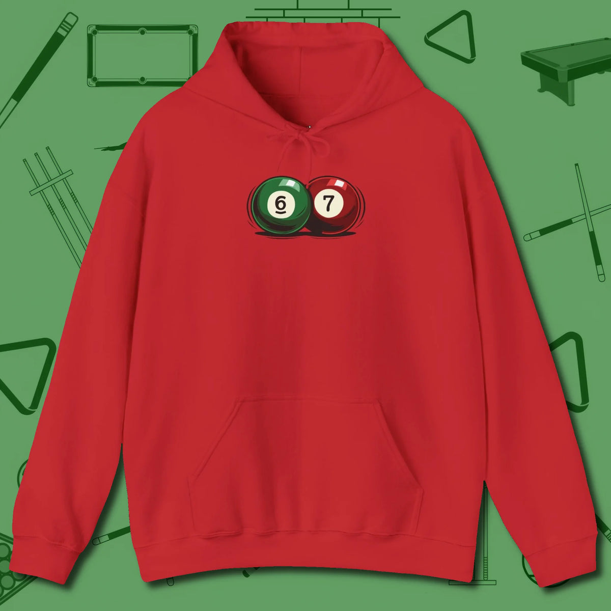 Six Seven Hoodie, front view, in Red poolroom style with tournament attitude
