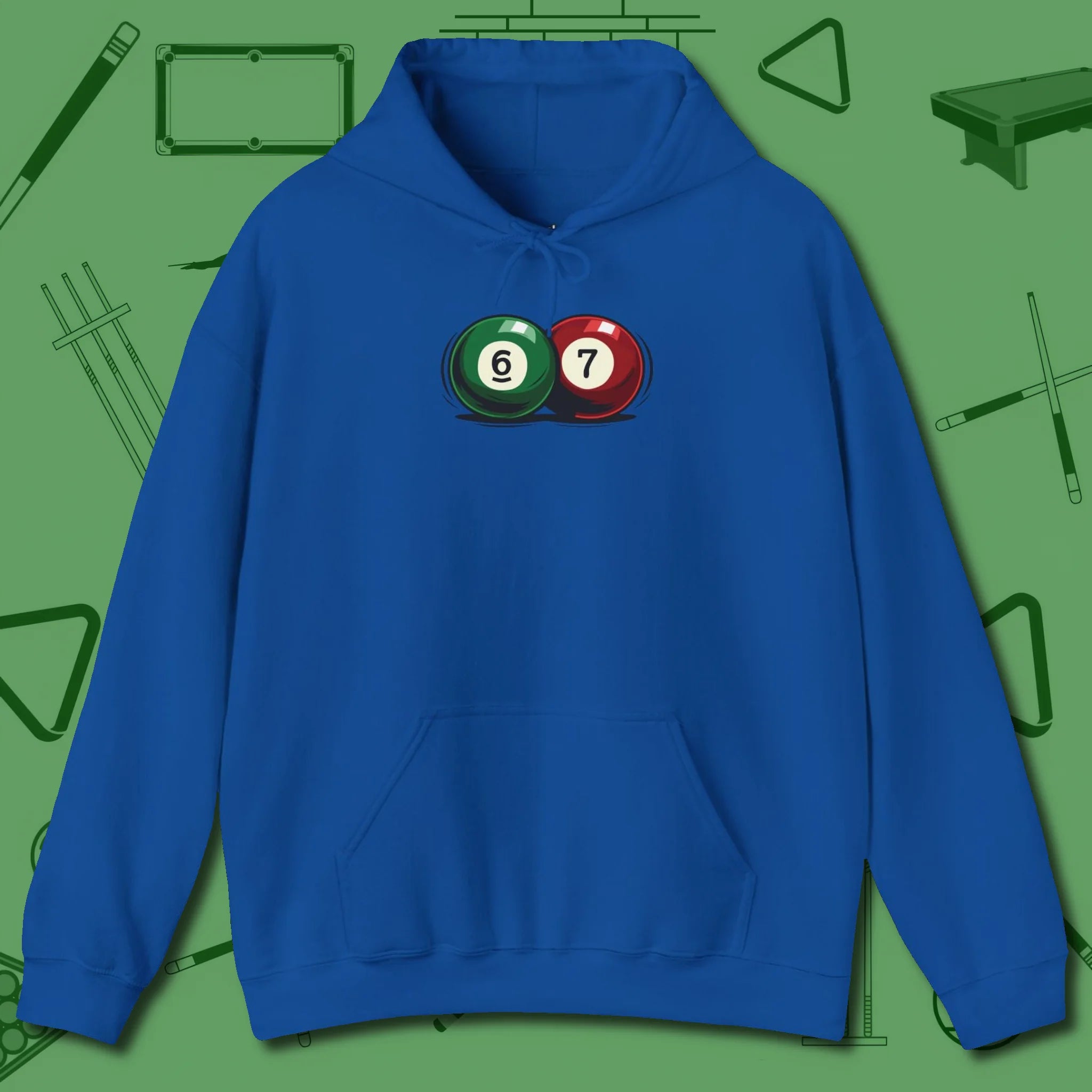 Six Seven Hoodie, front view, in Royal your go-to shirt for league night victories