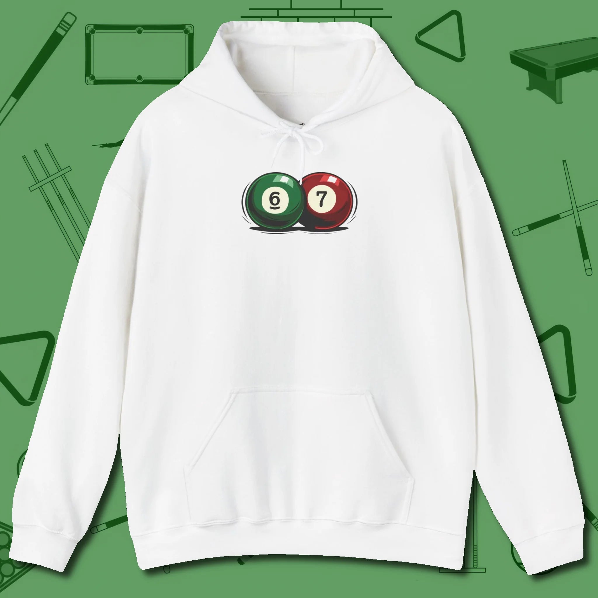 Six Seven Hoodie, front view, in White cue sports swagger done right