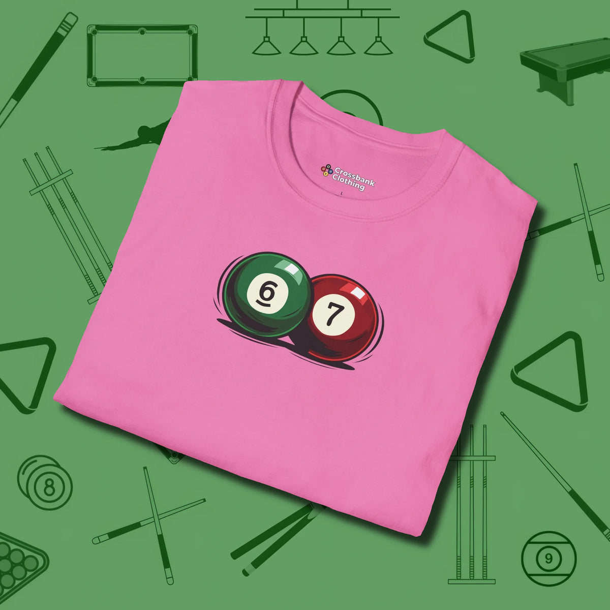 Six Seven T-Shirt, folded view, in Azalea because pool isn’t just a game — it’s who you are