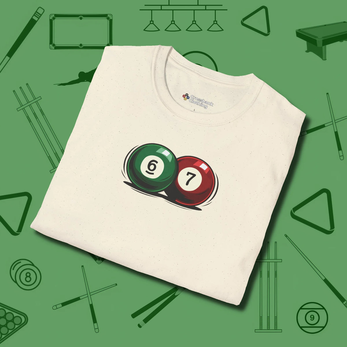 Six Seven T-Shirt, folded view, in Natural cue sports swagger done right