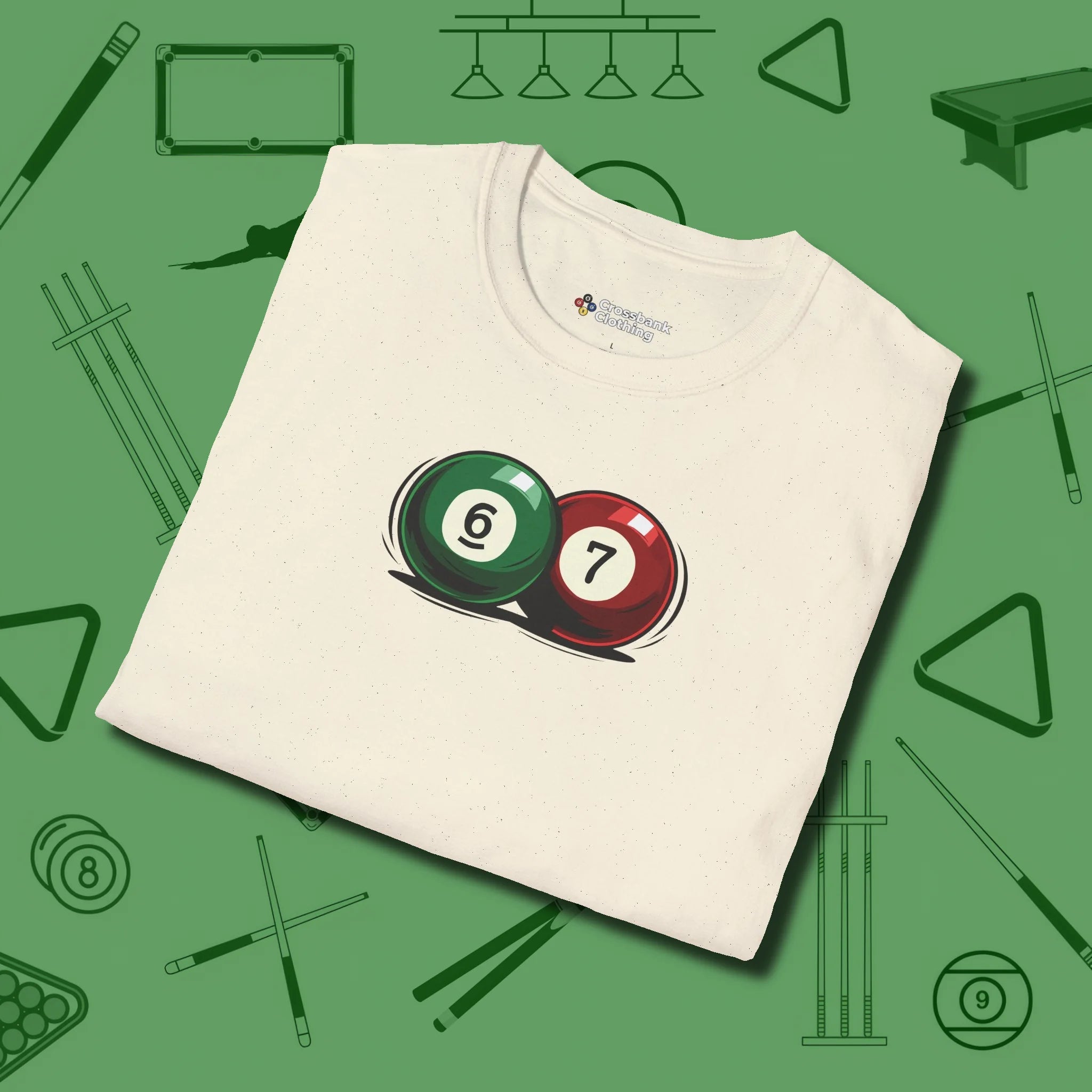 Six Seven T-Shirt, folded view, in Natural cue sports swagger done right