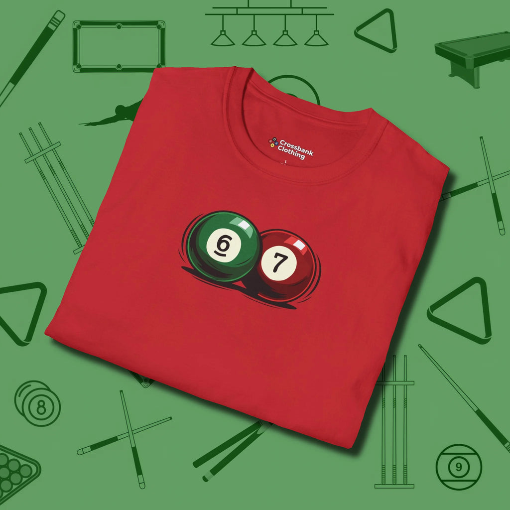 Six Seven T-Shirt, folded view, in Red clean lines for dirty minds