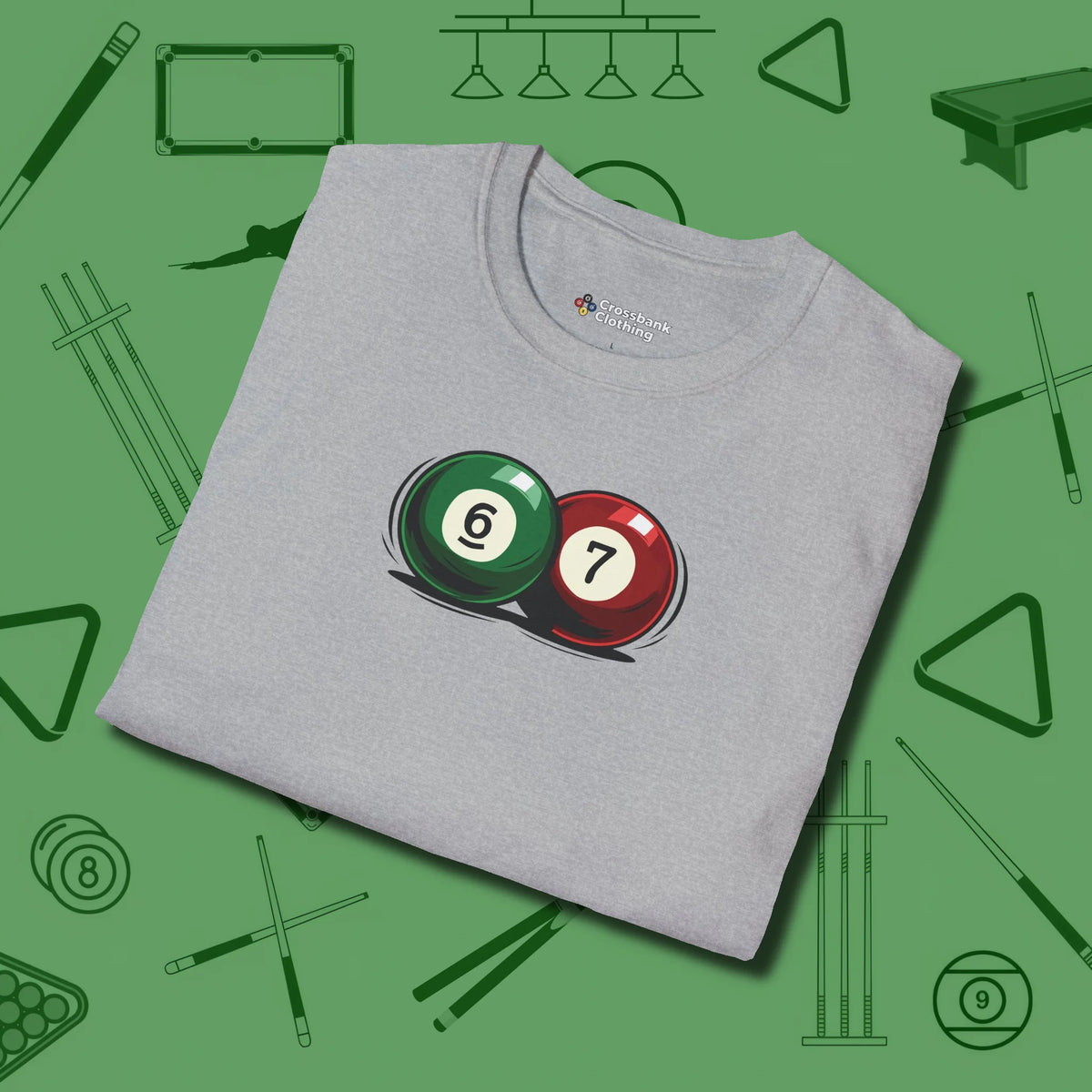 Six Seven T-Shirt, folded view, in Sport Grey classic cue style, no gimmicks