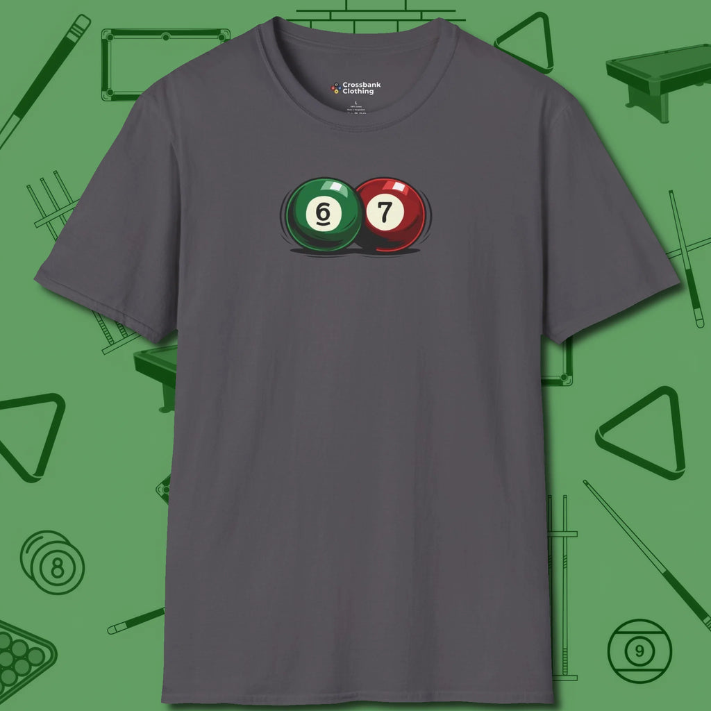 Six Seven T-Shirt, front view, in Charcoal because pool isn’t just a game — it’s who you are