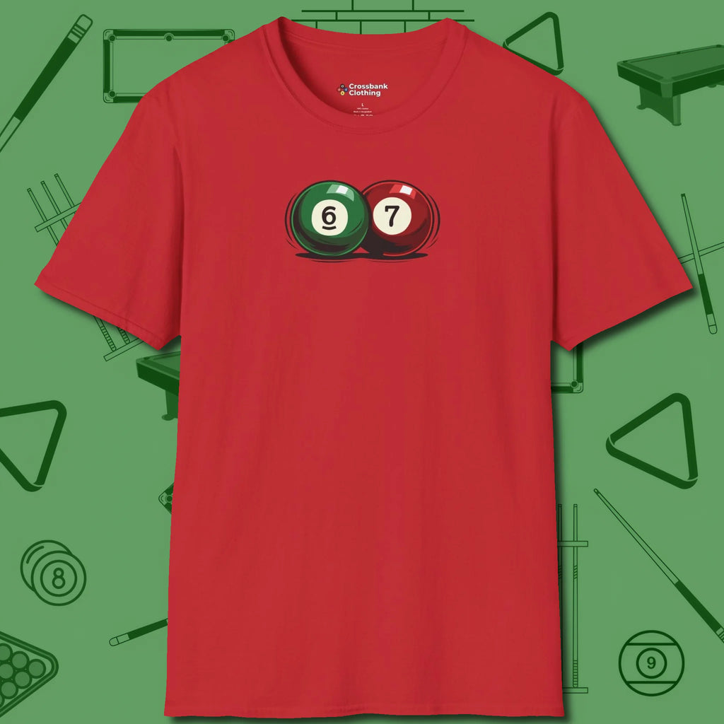 Six Seven T-Shirt, front view, in Red cue up respect every time you wear it