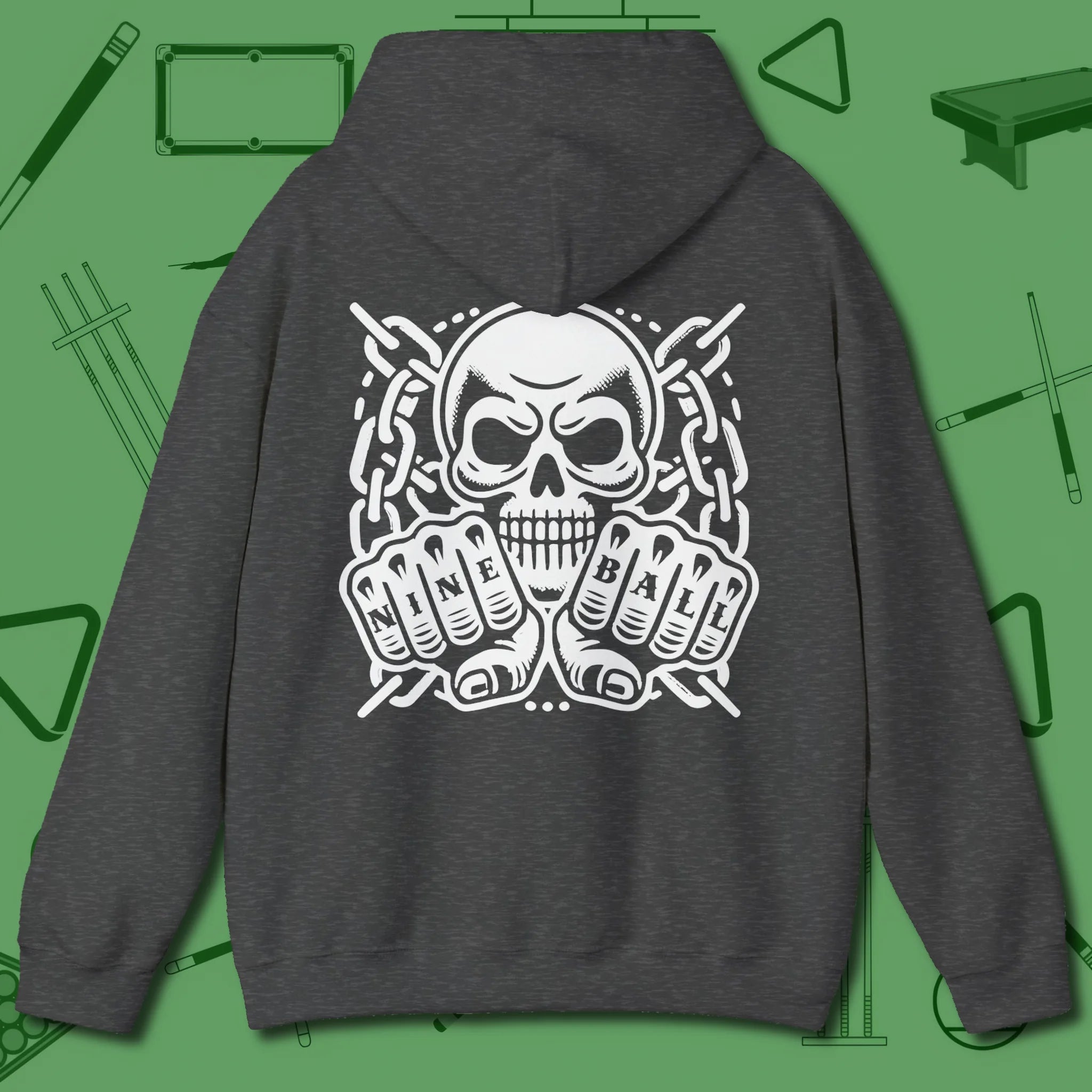 Skull & Chains Nine Ball Hoodie, back view, in Dark Heather