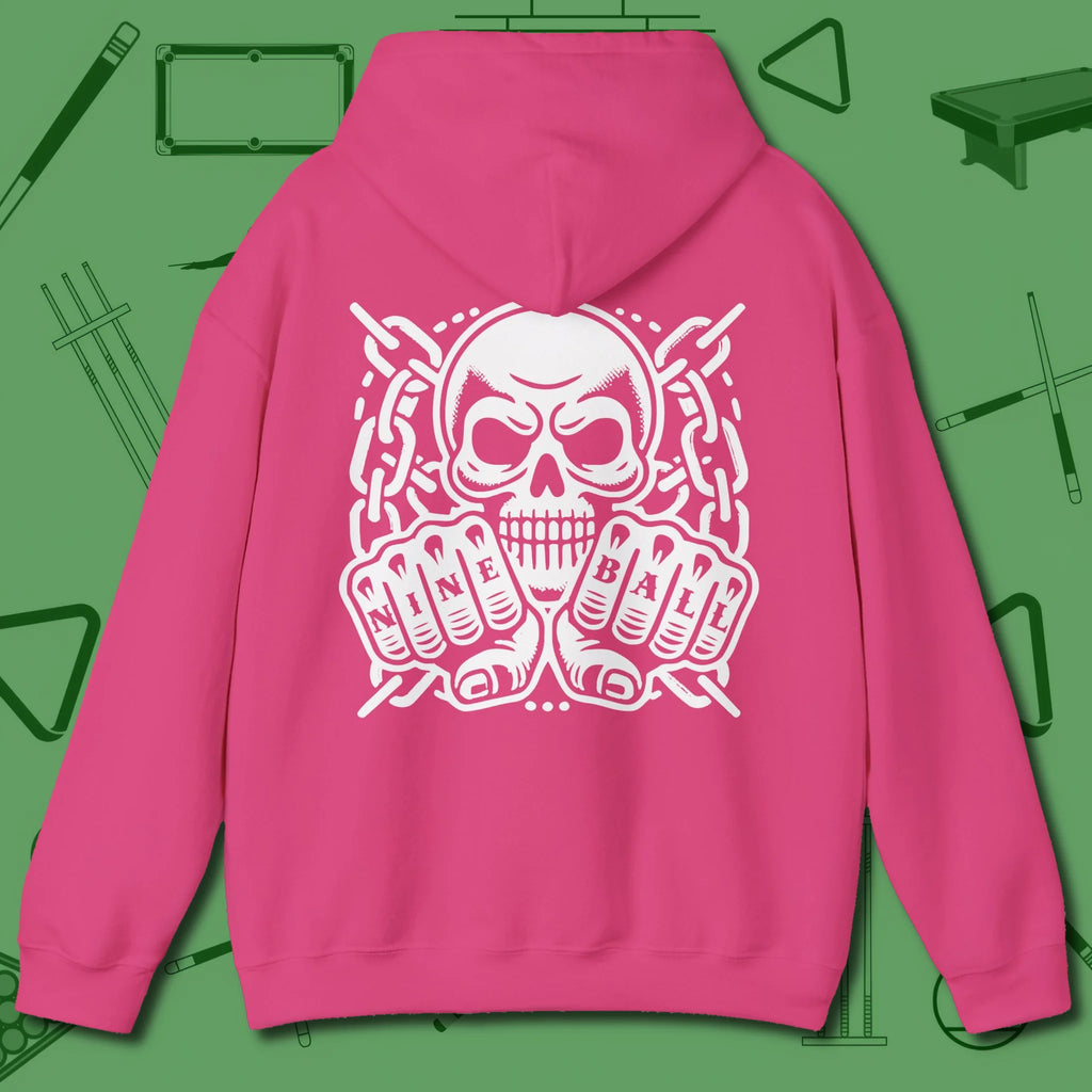 Skull & Chains Nine Ball Hoodie, back view, in Heliconia