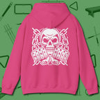 Skull & Chains Nine Ball Hoodie, back view, in Heliconia