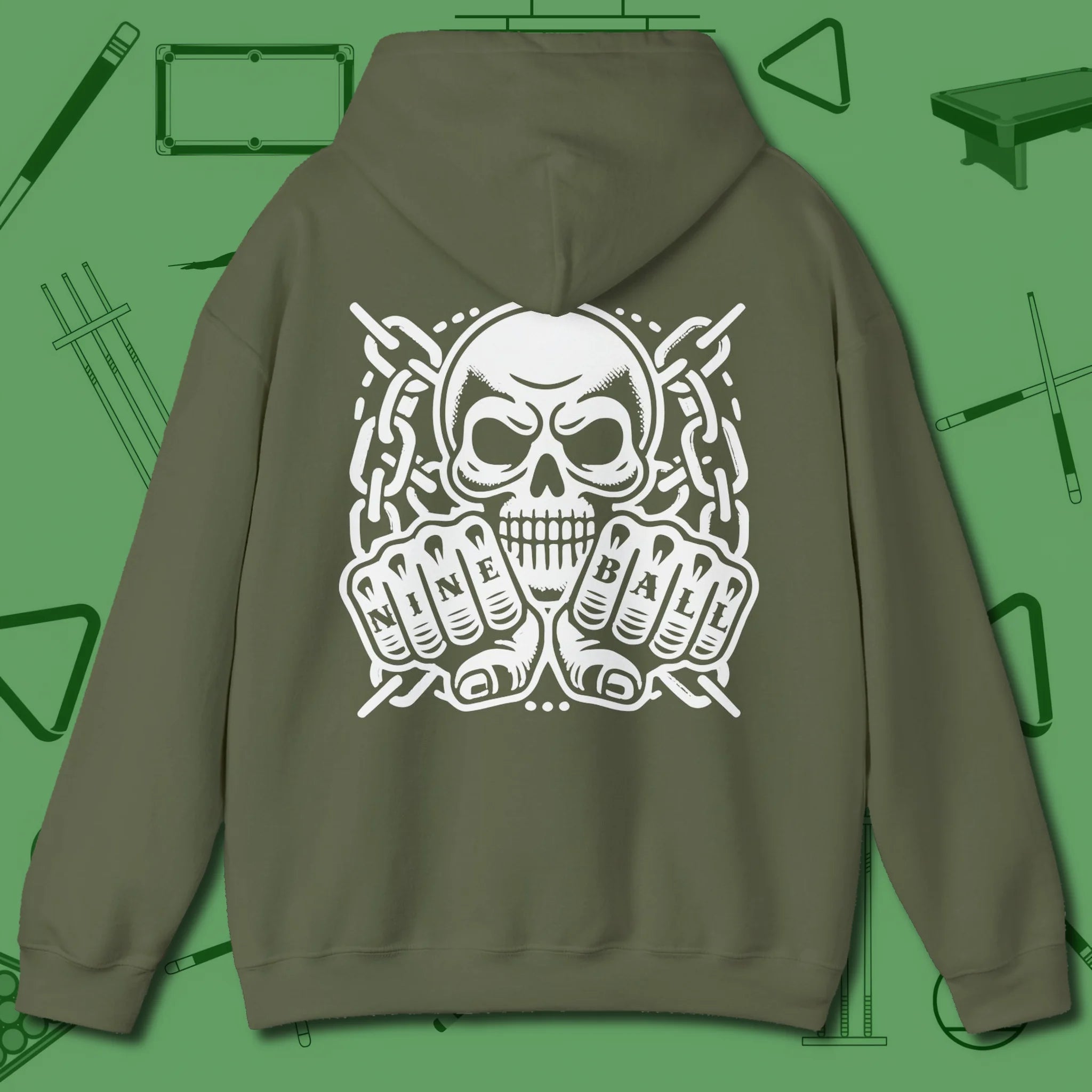 Skull & Chains Nine Ball Hoodie, back view, in Military Green