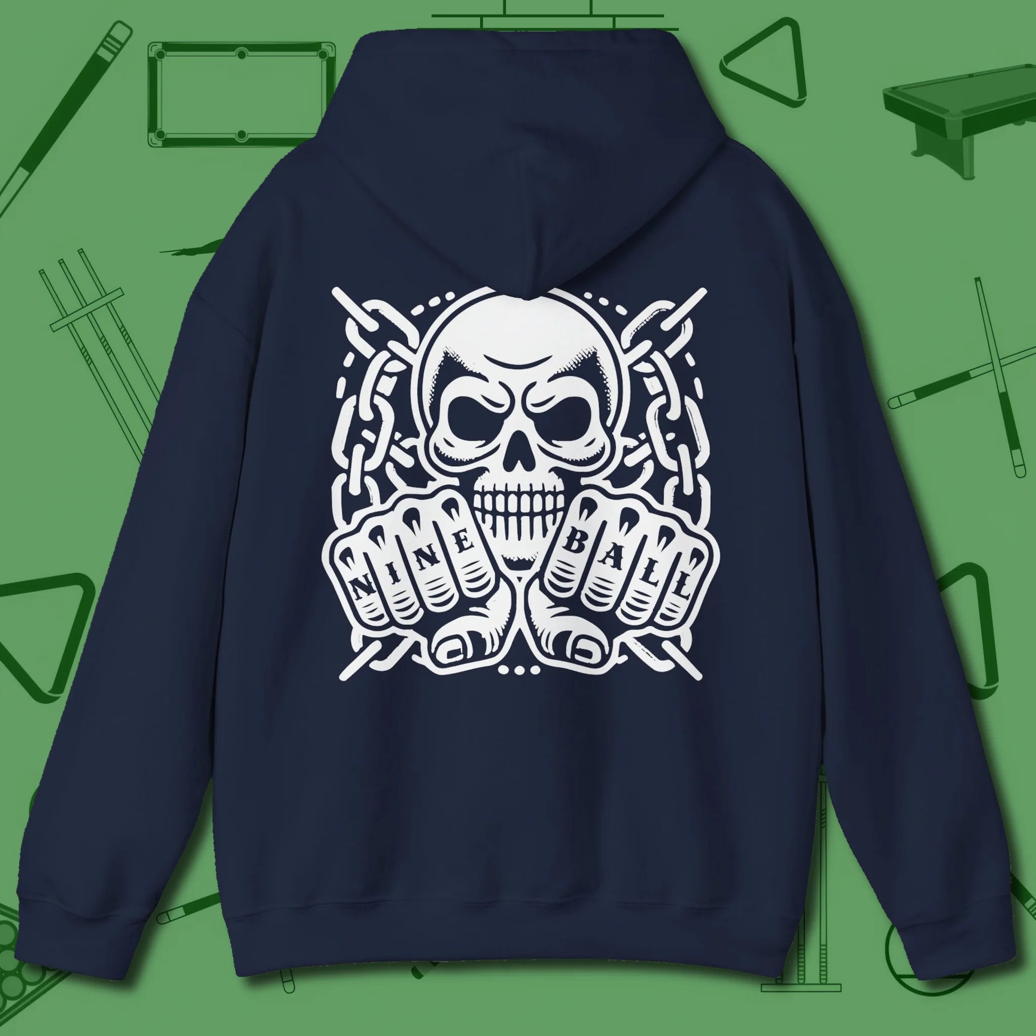 Skull & Chains Nine Ball Hoodie, back view, in Navy