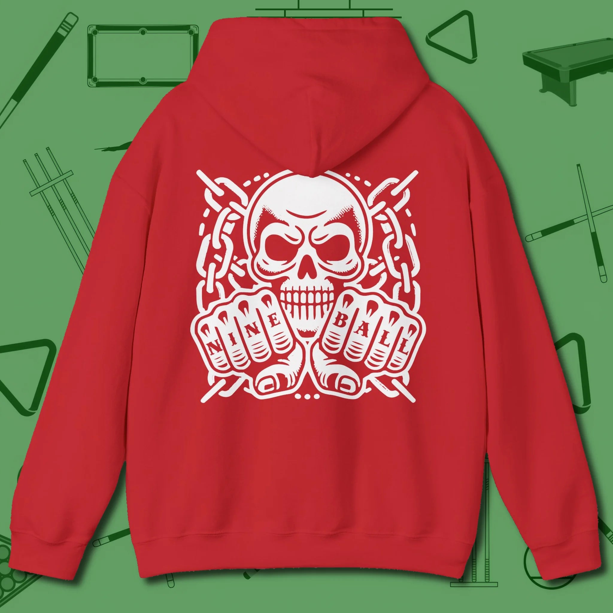 Skull & Chains Nine Ball Hoodie, back view, in Red