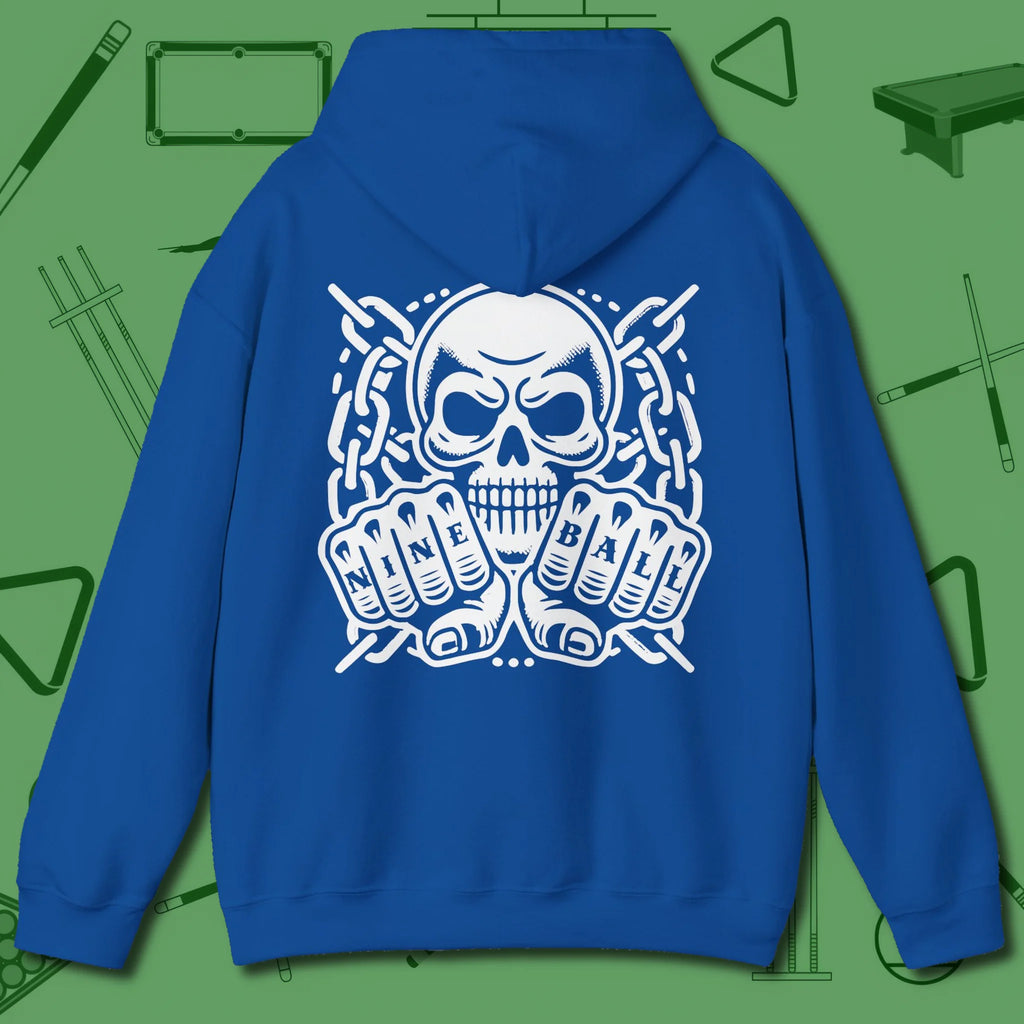 Skull & Chains Nine Ball Hoodie, back view, in Royal