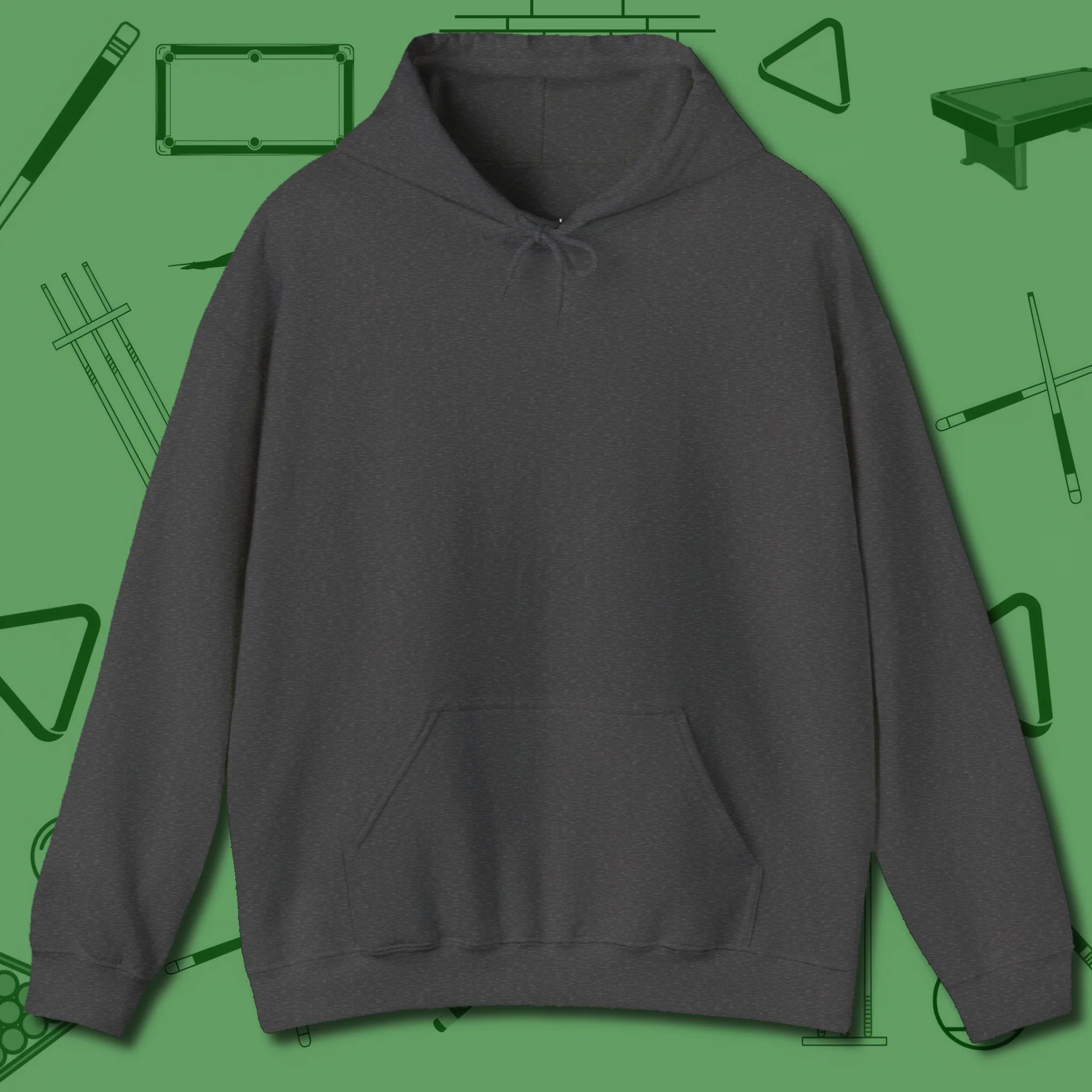 Skull & Chains Nine Ball Hoodie, front view, in Dark Heather
