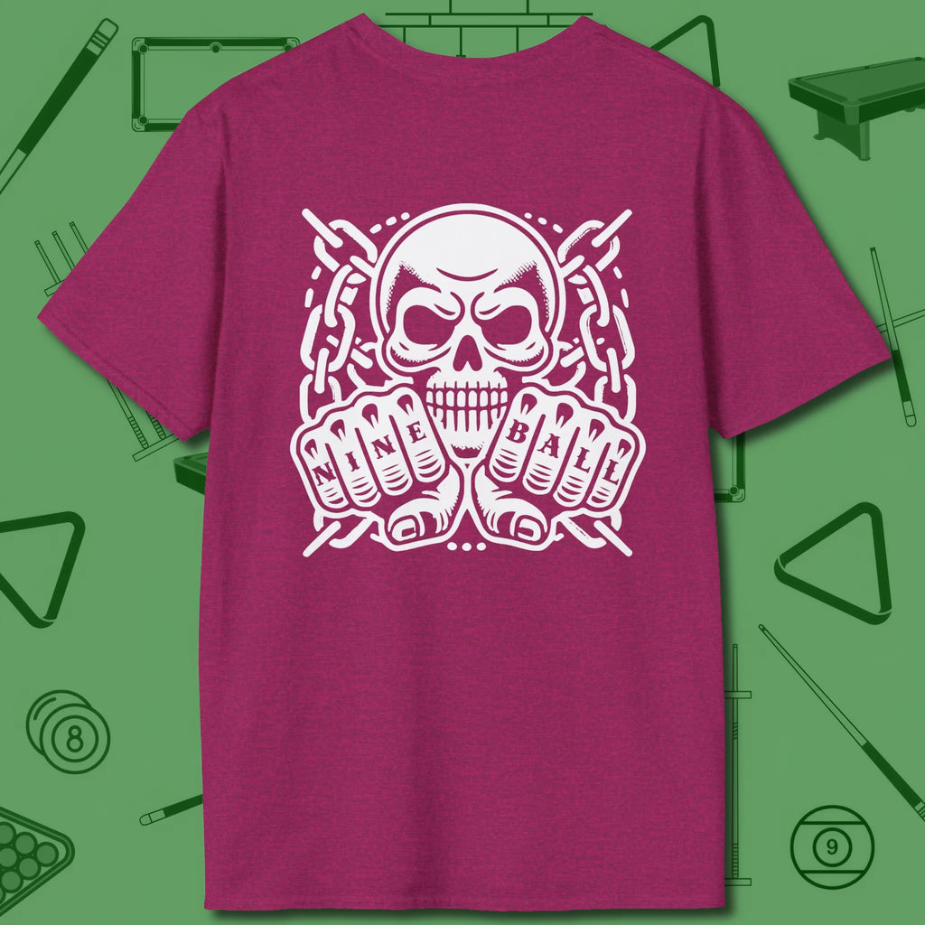 Skull & Chains Nine Ball T-Shirt, back view, in Antique Heliconia