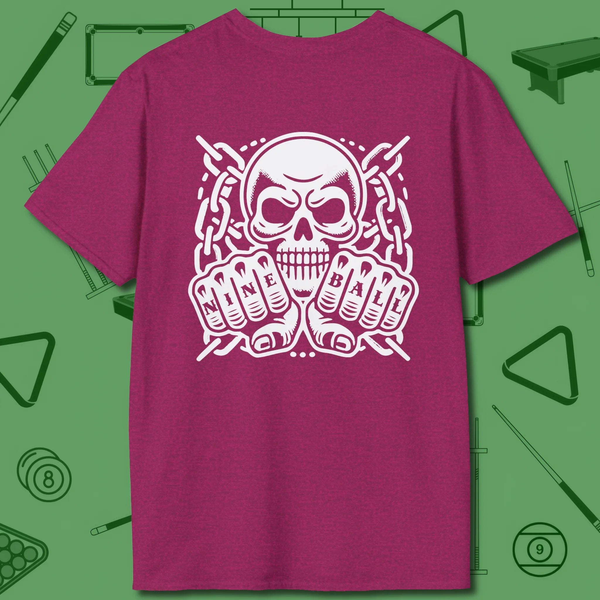 Skull & Chains Nine Ball T-Shirt, back view, in Antique Heliconia