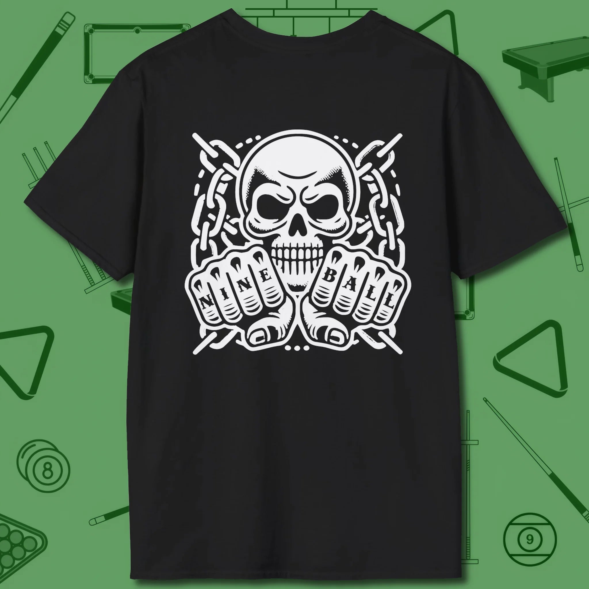 Skull & Chains Nine Ball T-Shirt, back view, in Black