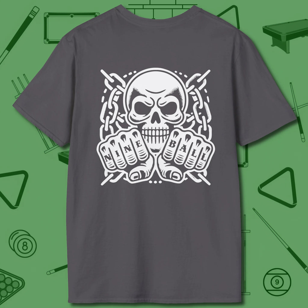 Skull & Chains Nine Ball T-Shirt, back view, in Charcoal