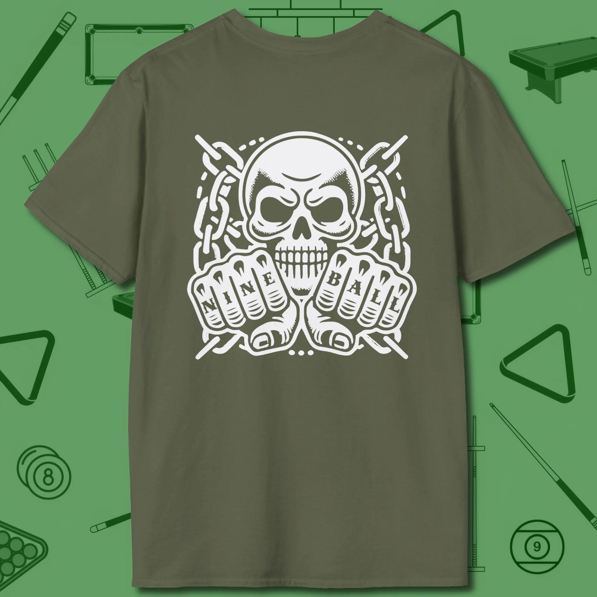 Skull & Chains Nine Ball T-Shirt, back view, in Military Green