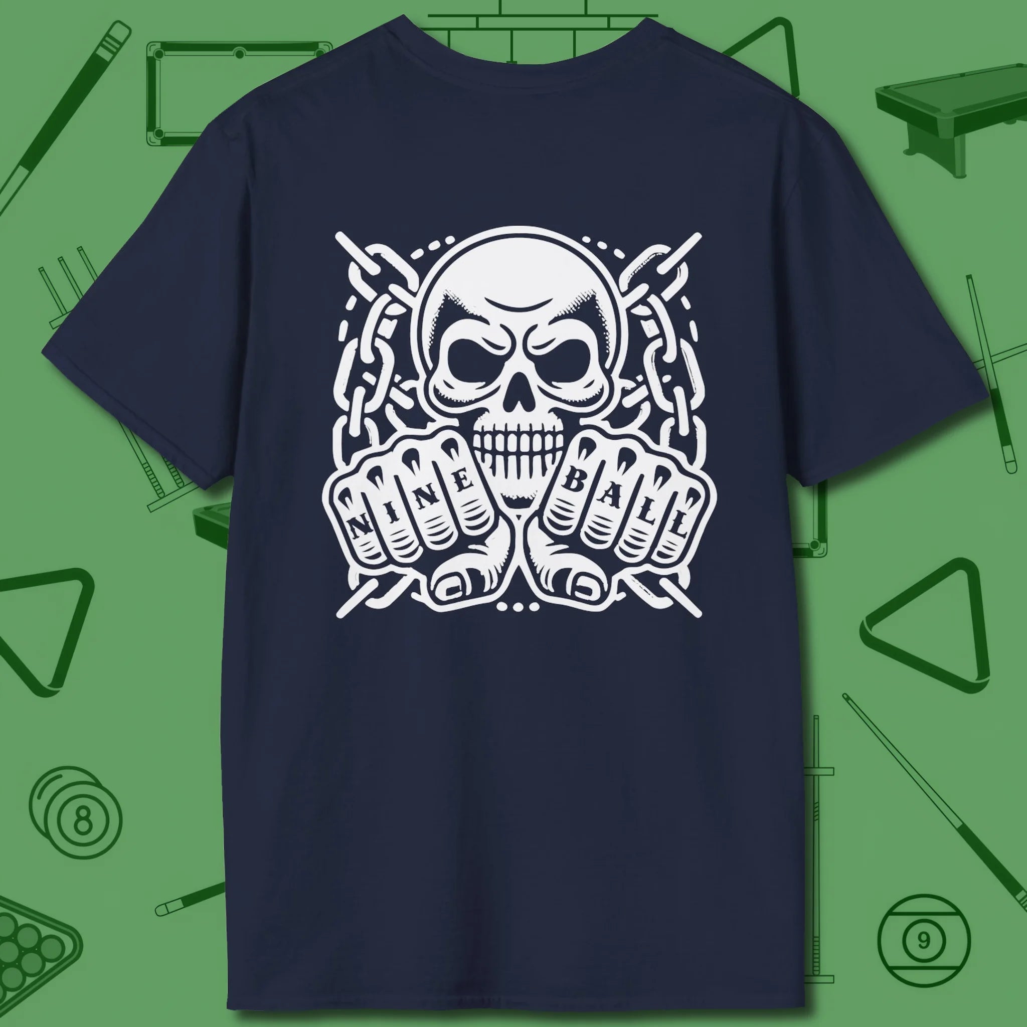 Skull & Chains Nine Ball T-Shirt, back view, in Navy