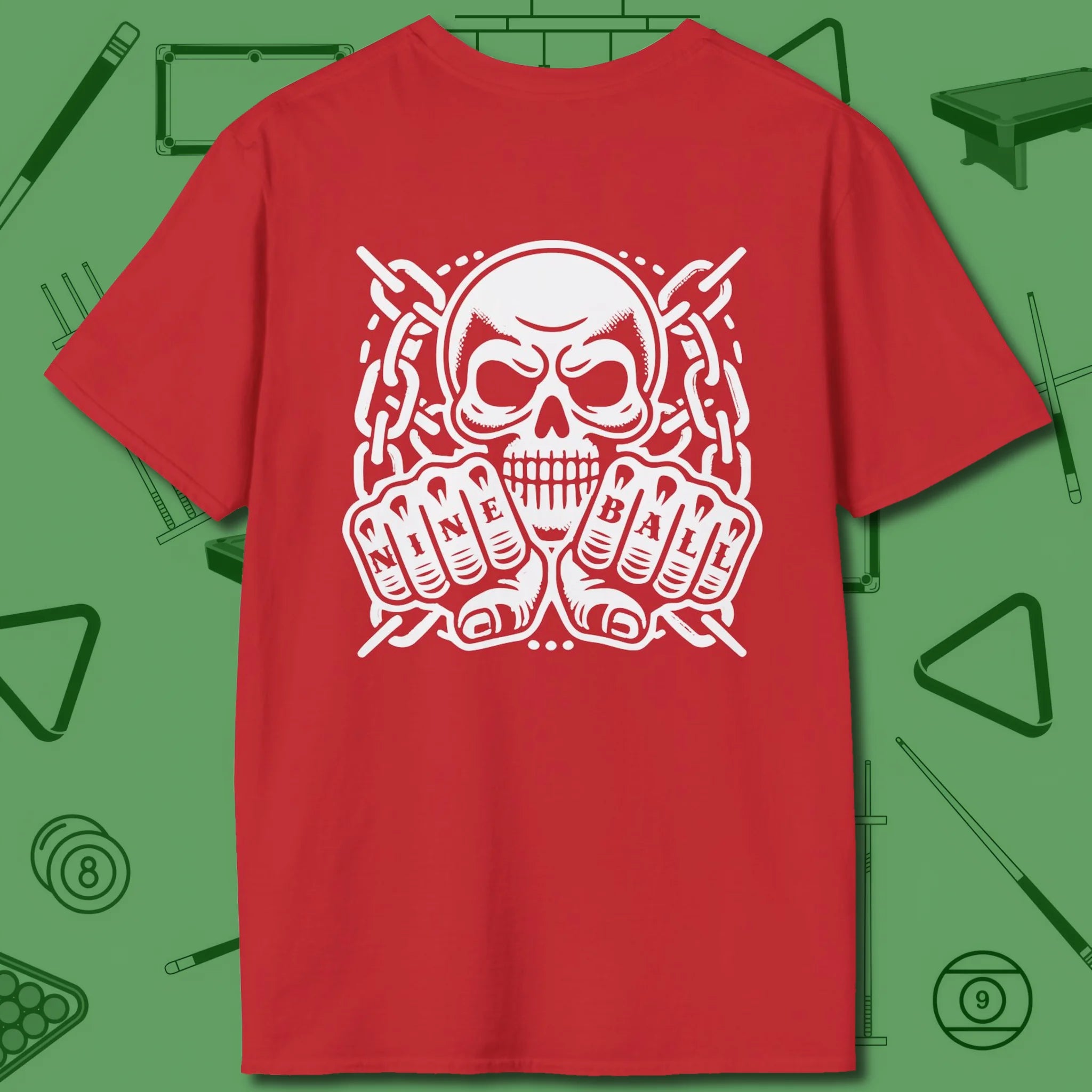 Skull & Chains Nine Ball T-Shirt, back view, in Red