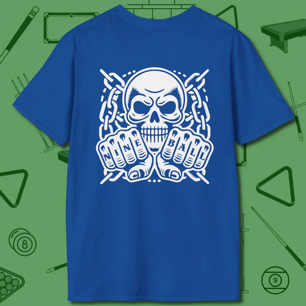 Skull & Chains Nine Ball T-Shirt, back view, in Royal blue