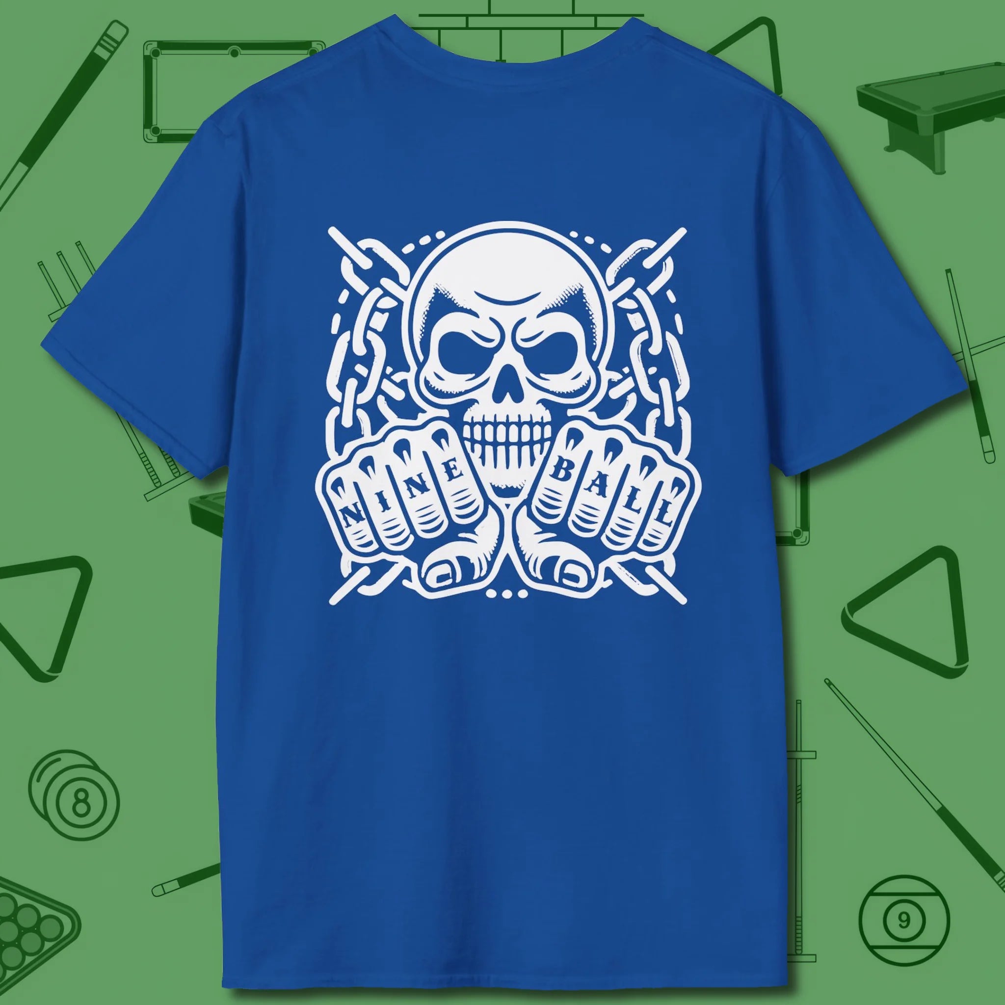 Skull & Chains Nine Ball T-Shirt, back view, in Royal blue