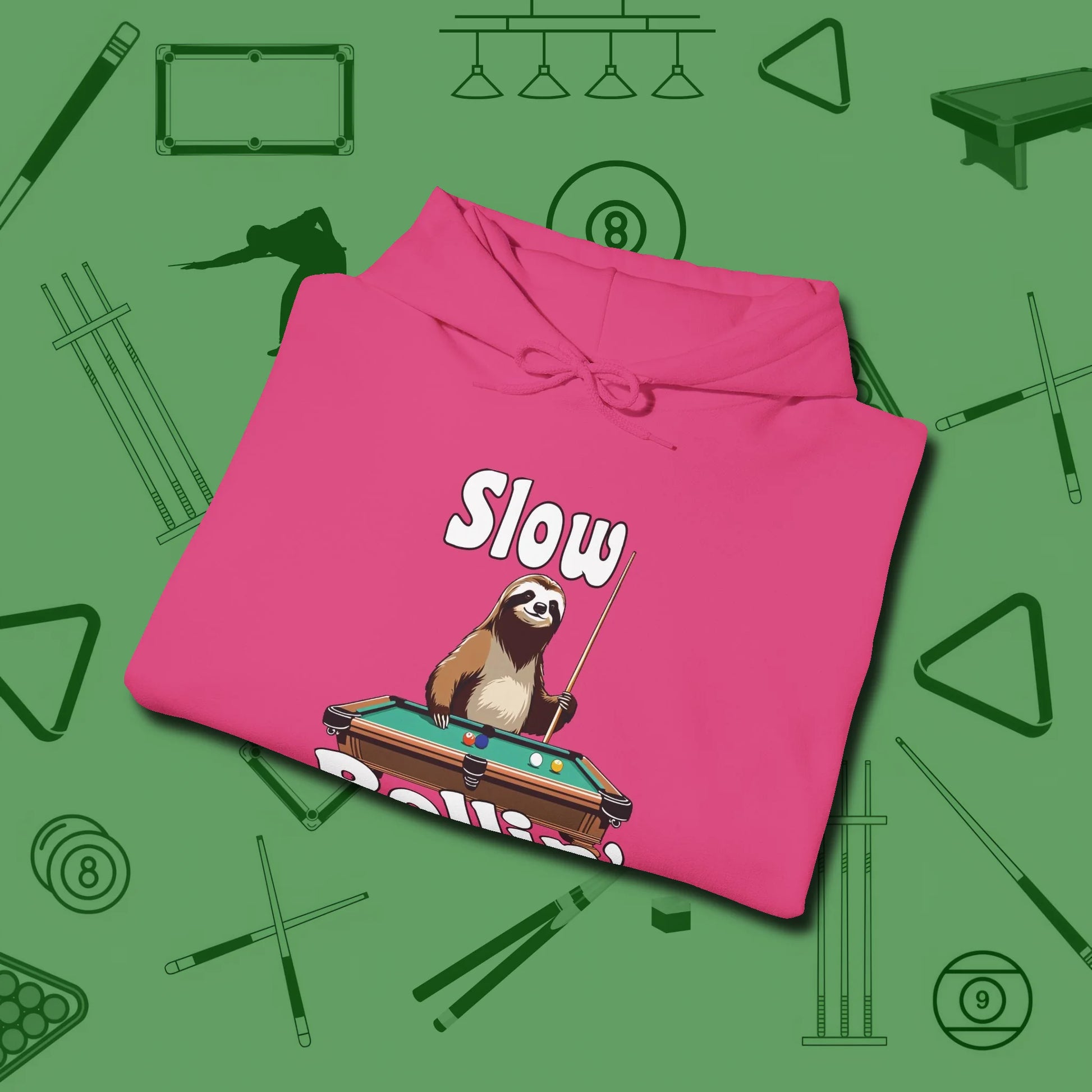 Slow Rollin' Sloth Hoodie, folded view, in Heliconia a clean fit for the dirtiest safeties