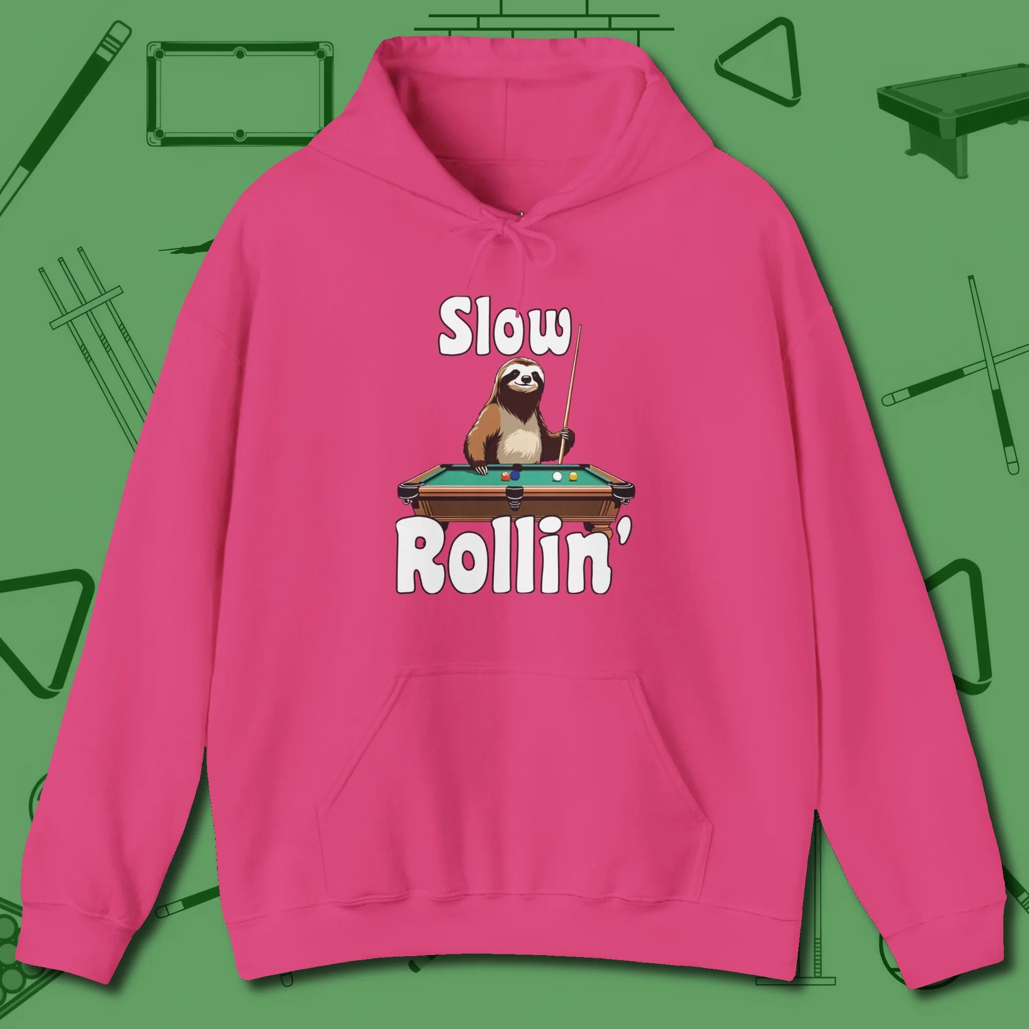 Slow Rollin' Sloth Hoodie, front view, in Heliconia make every shot — and outfit — count