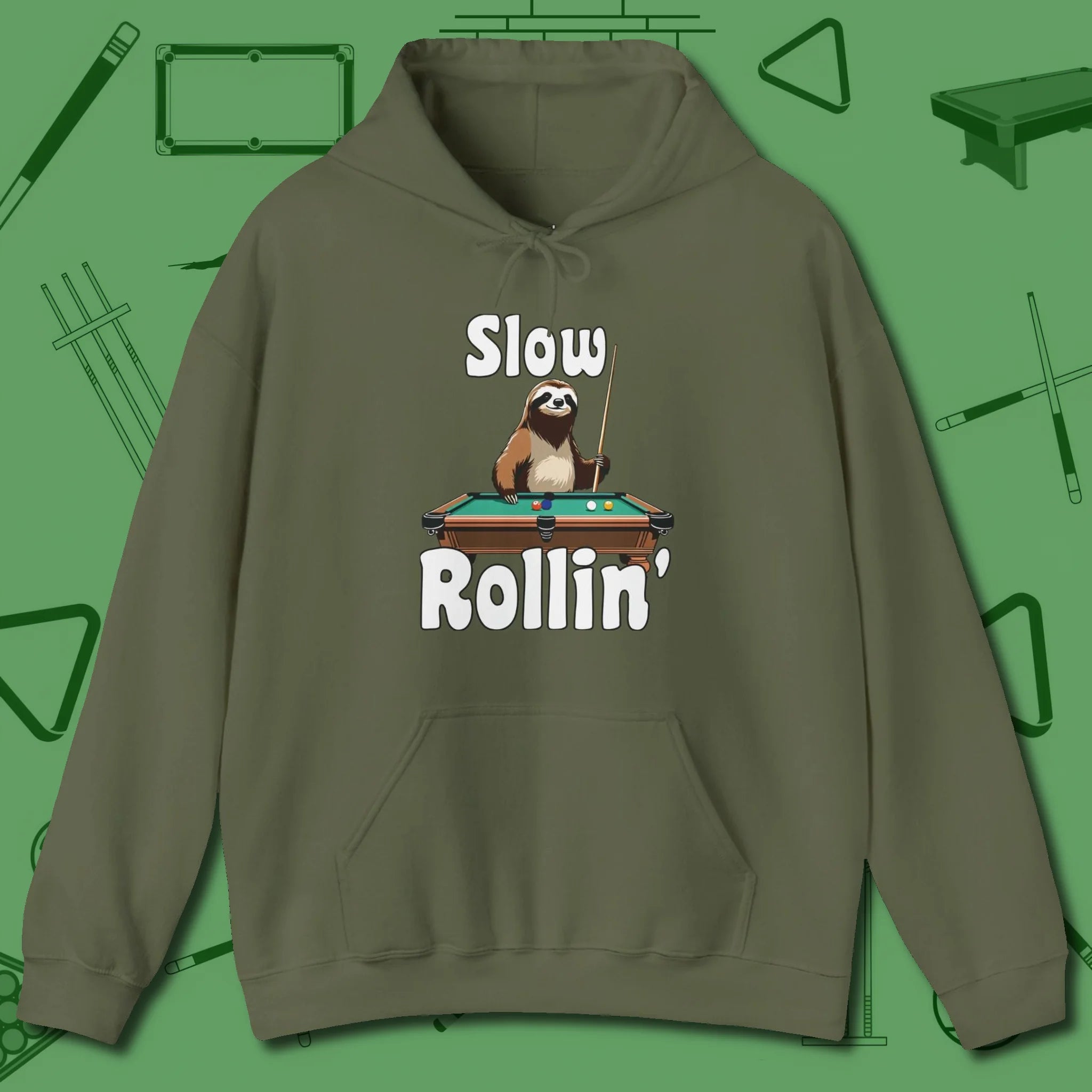 Slow Rollin' Sloth Hoodie, front view, in Military Green styled to dominate from rack to run-out