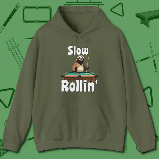 Slow Rollin' Sloth Hoodie, front view, in Military Green play in style, win in silence