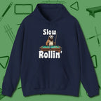 Slow Rollin' Sloth Hoodie, front view, in Navy confidence stitched in every seam