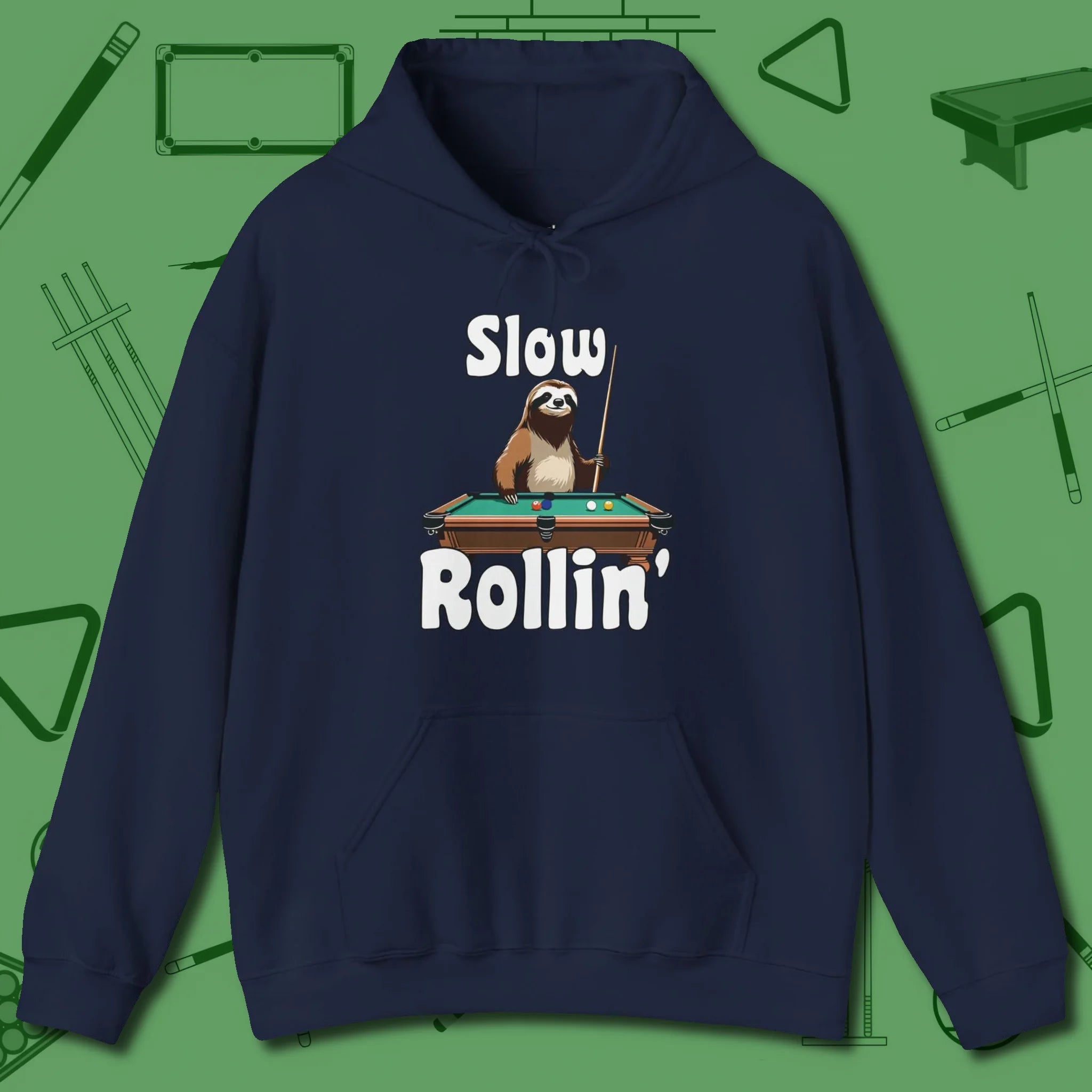 Slow Rollin' Sloth Hoodie, front view, in Navy confidence stitched in every seam