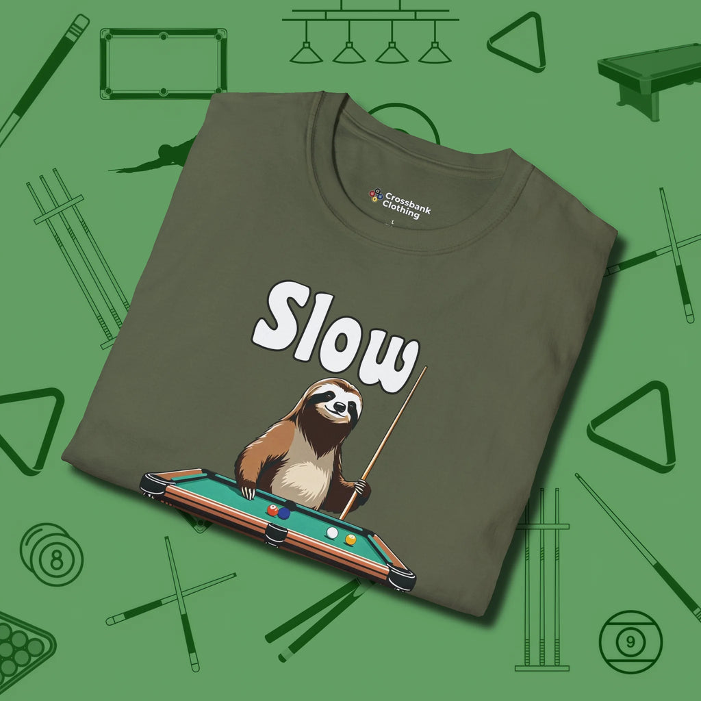 Slow Rollin' Sloth T-Shirt, folded view, in Military Green look good while calling your pocket